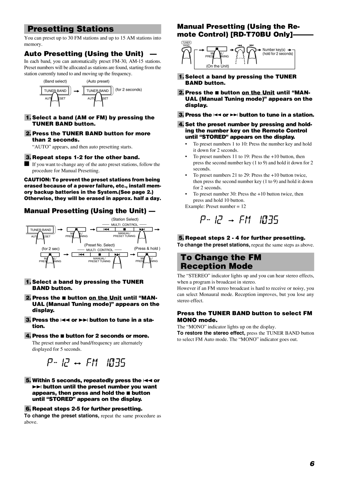 JVC RD-T50LB, RD-T70BU manual Presetting Stations, To Change the FM Reception Mode, Auto Presetting Using the Unit 