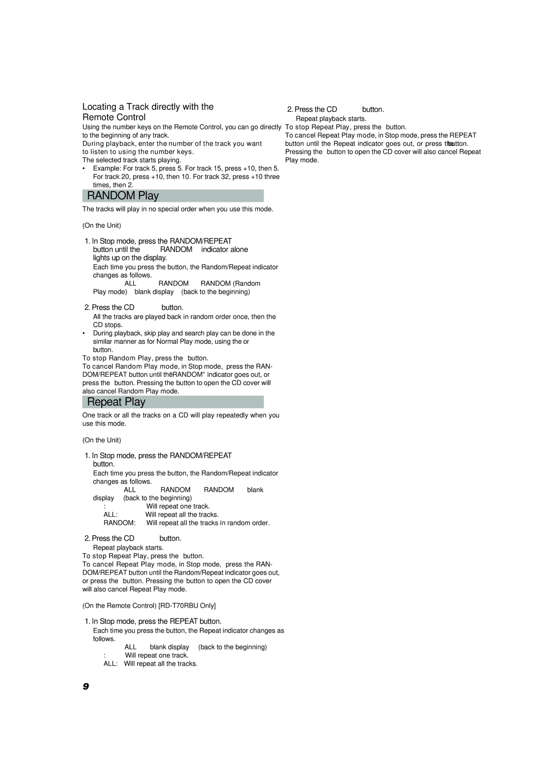 JVC RD-T70RBU, RD-T50RLB manual Random Play, Repeat Play, Locating a Track directly with the Remote Control 