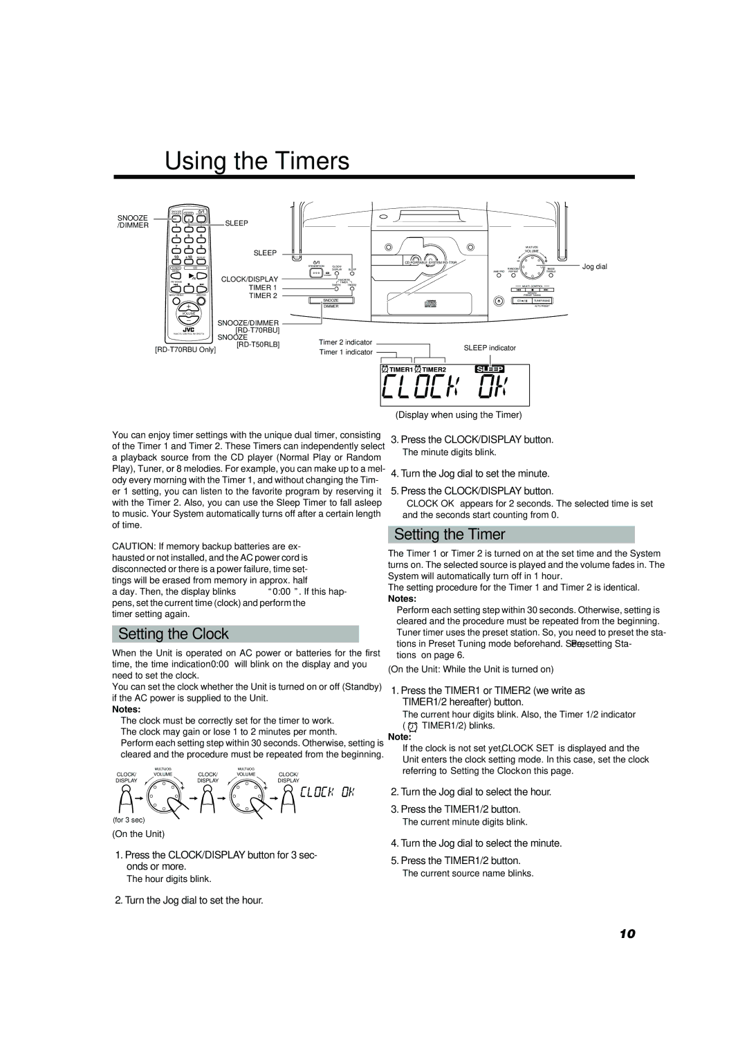 JVC RD-T50RLB, RD-T70RBU manual Using the Timers, Setting the Clock, Setting the Timer 