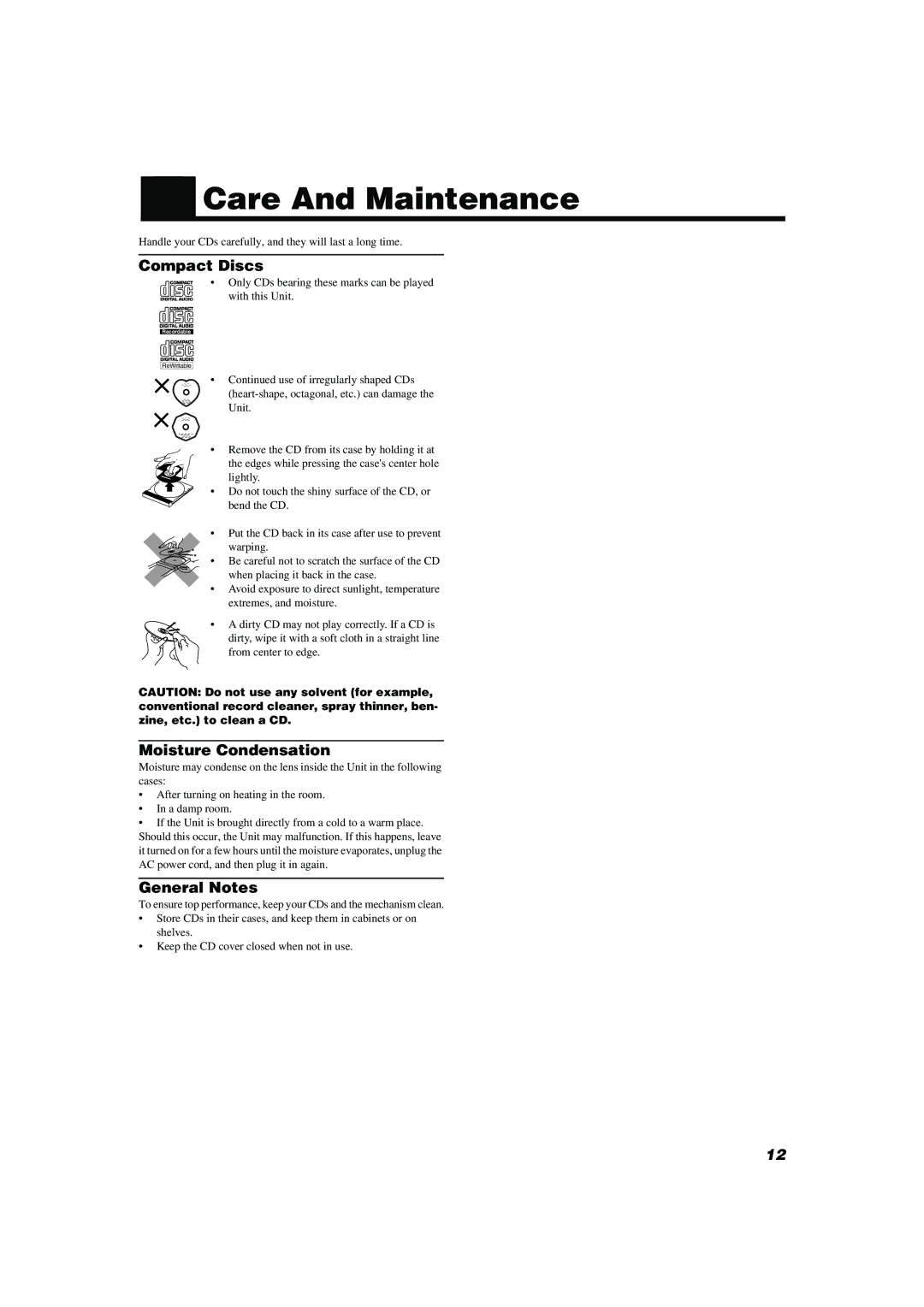 JVC RD-T50RLB, RD-T70RBU manual Care And Maintenance, Compact Discs, Moisture Condensation, General Notes 