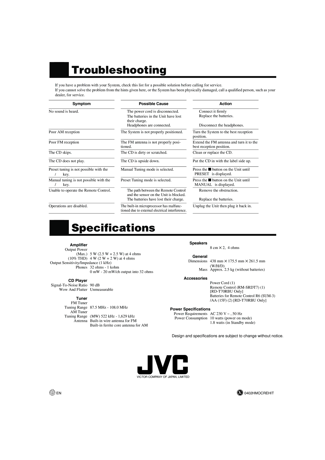 JVC RD-T70RBU, RD-T50RLB manual Troubleshooting, Specifications 