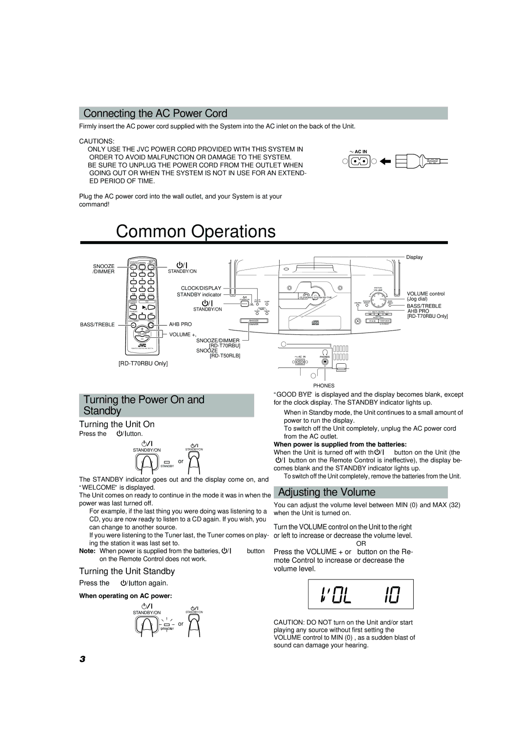 JVC RD-T70RBU Common Operations, Connecting the AC Power Cord, Turning the Power On and Standby, Adjusting the Volume 