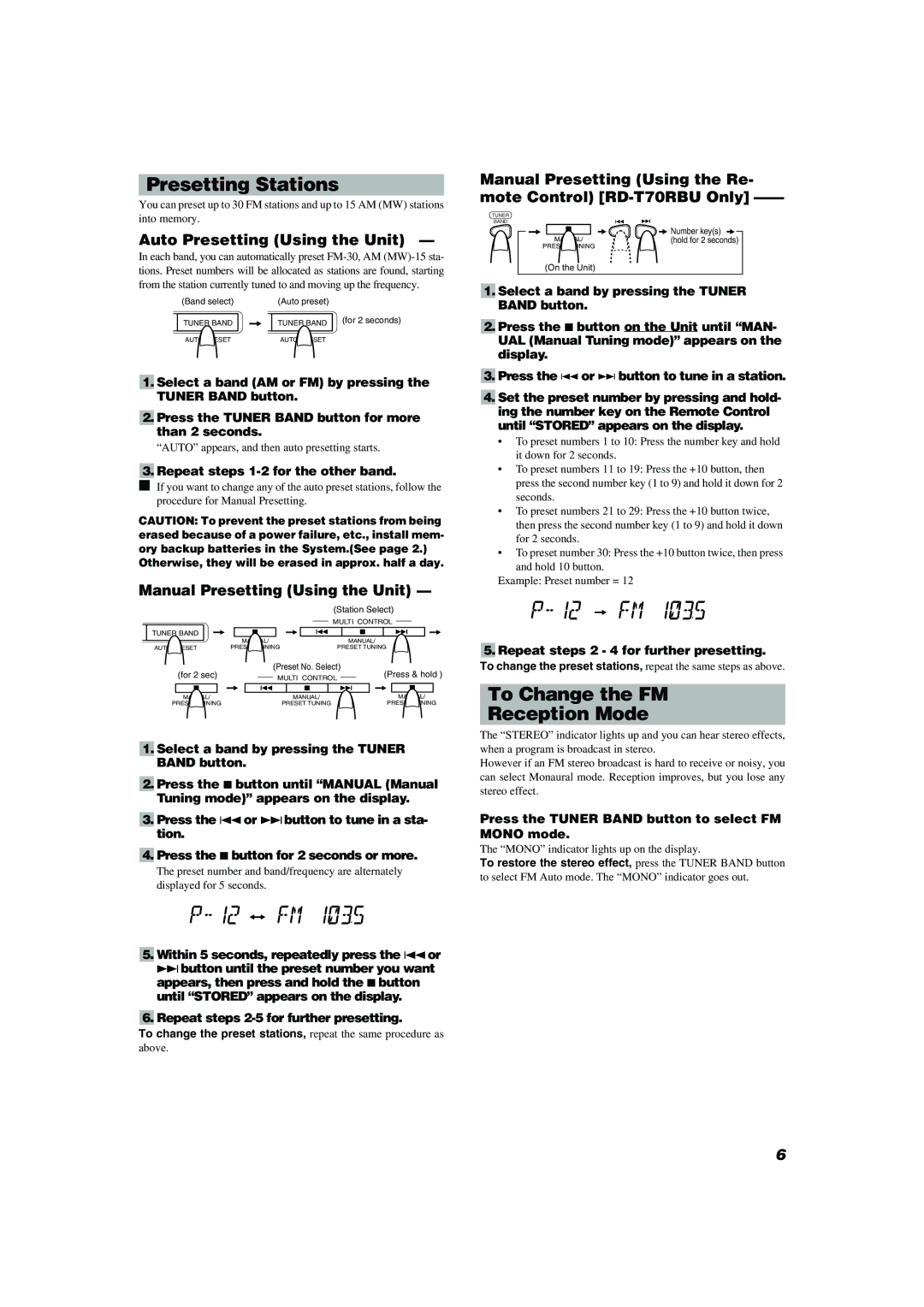 JVC RD-T50RLB, RD-T70RBU manual Presetting Stations, To Change the FM Reception Mode, Auto Presetting Using the Unit 