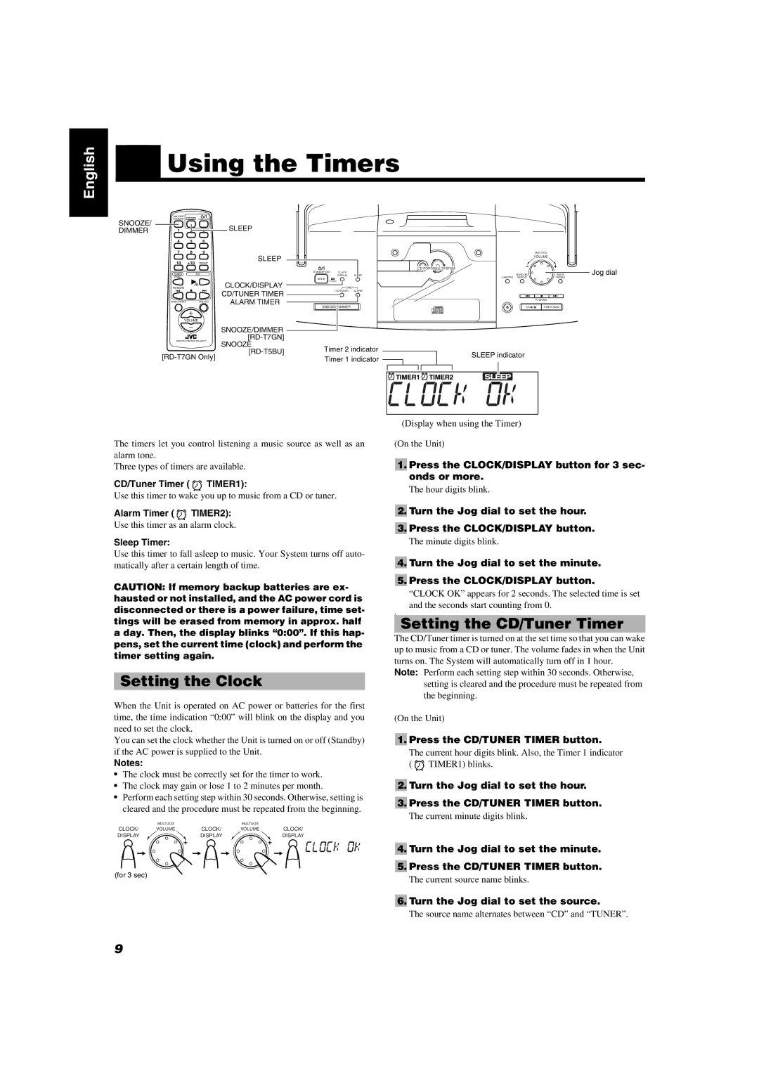 JVC RD-T7GN, RD-T5BU manual Using the Timers, Setting the Clock, Setting the CD/Tuner Timer 