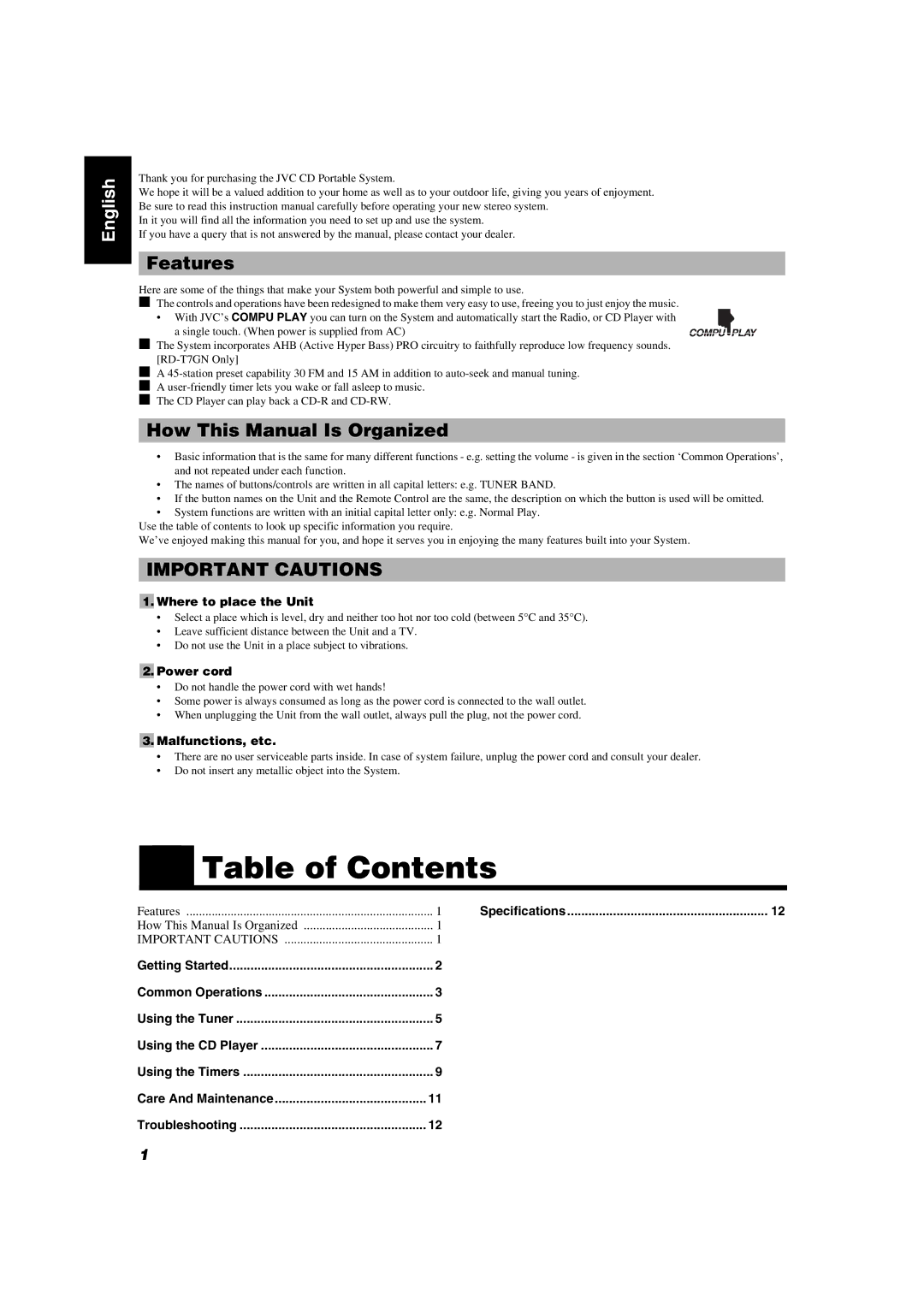 JVC RD-T7GN, RD-T5BU manual Table of Contents 