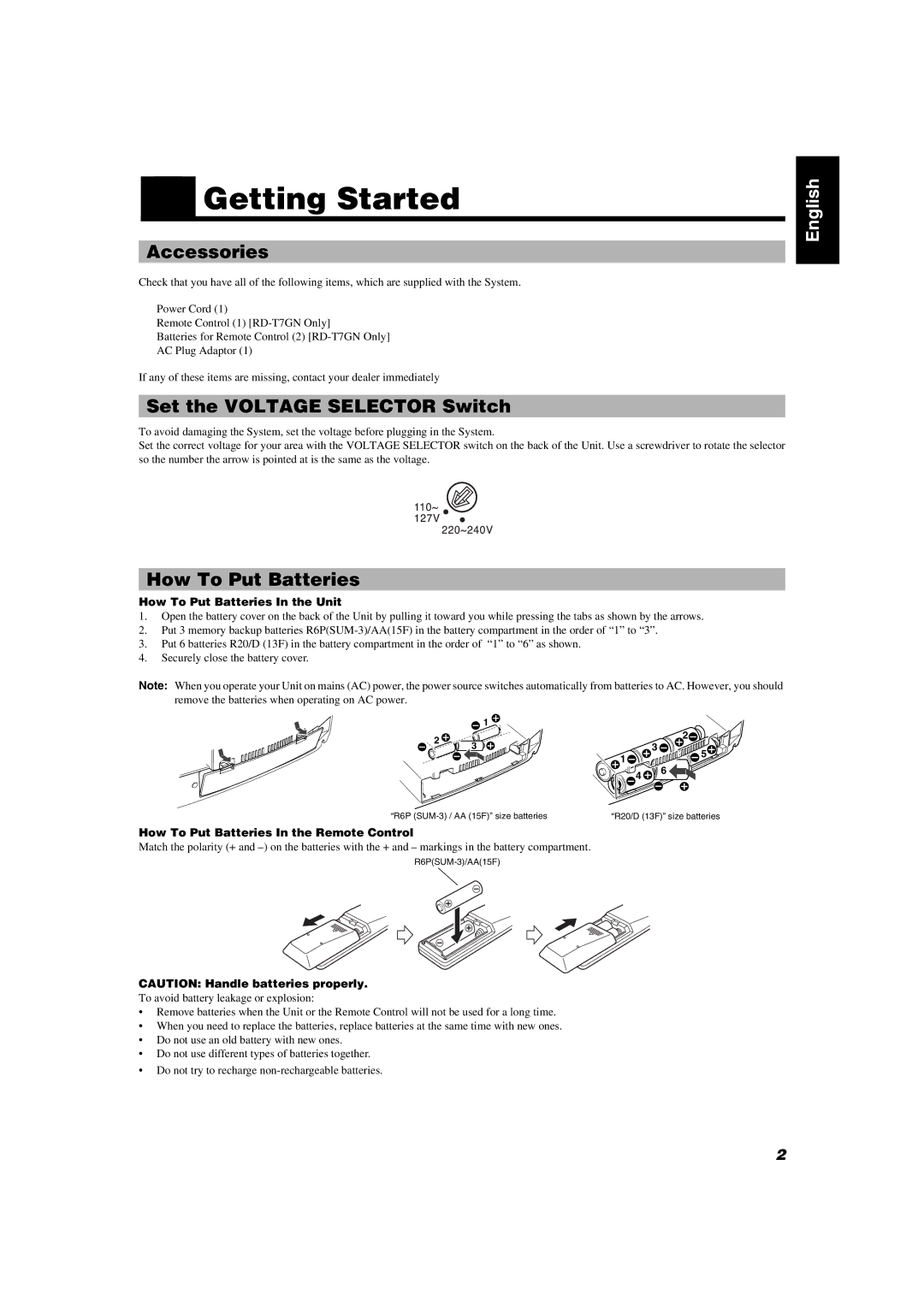 JVC RD-T5BU, RD-T7GN manual Getting Started, Accessories, Set the Voltage Selector Switch, How To Put Batteries 