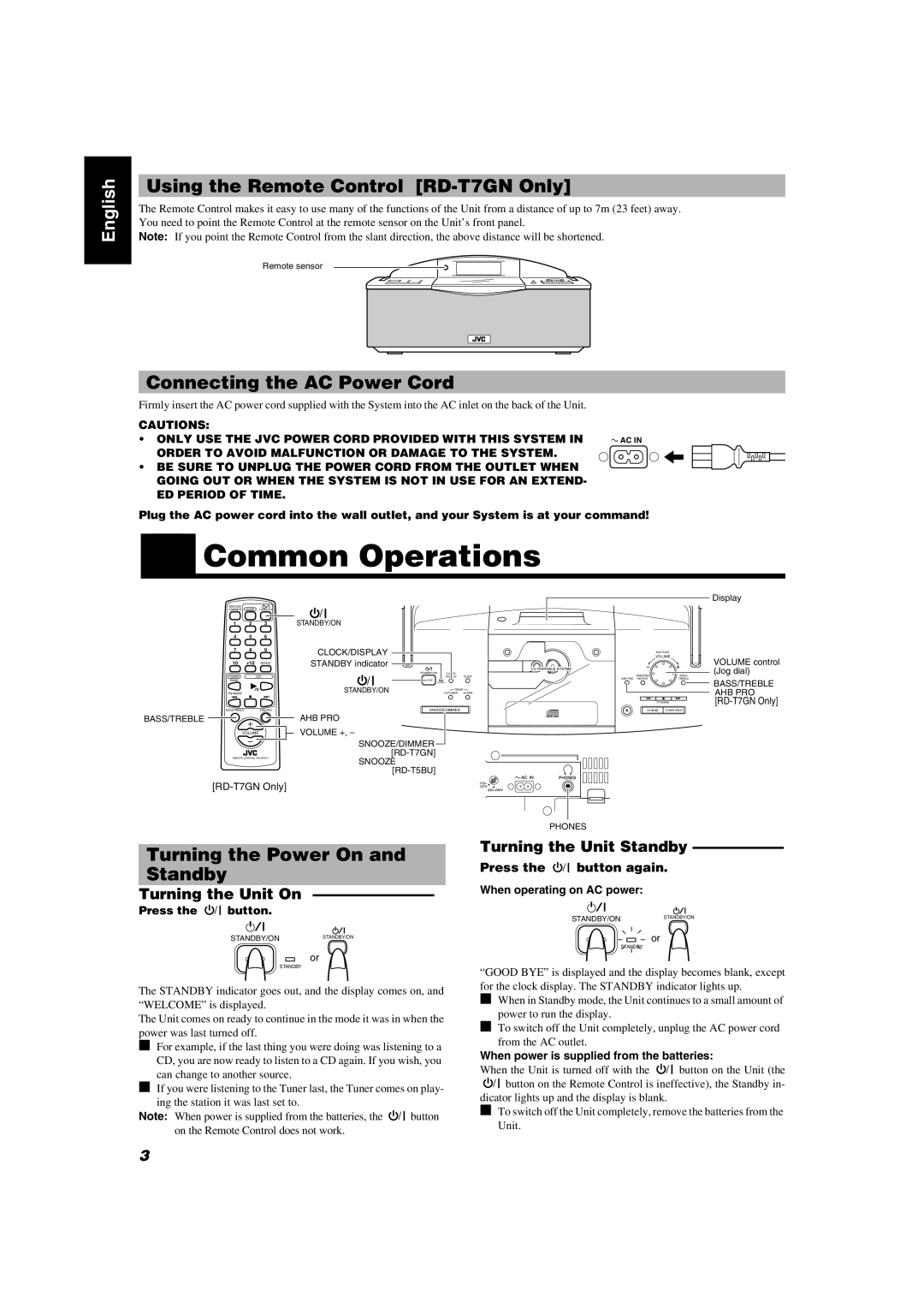 JVC RD-T5BU manual Common Operations, Using the Remote Control RD-T7GN Only, Connecting the AC Power Cord 