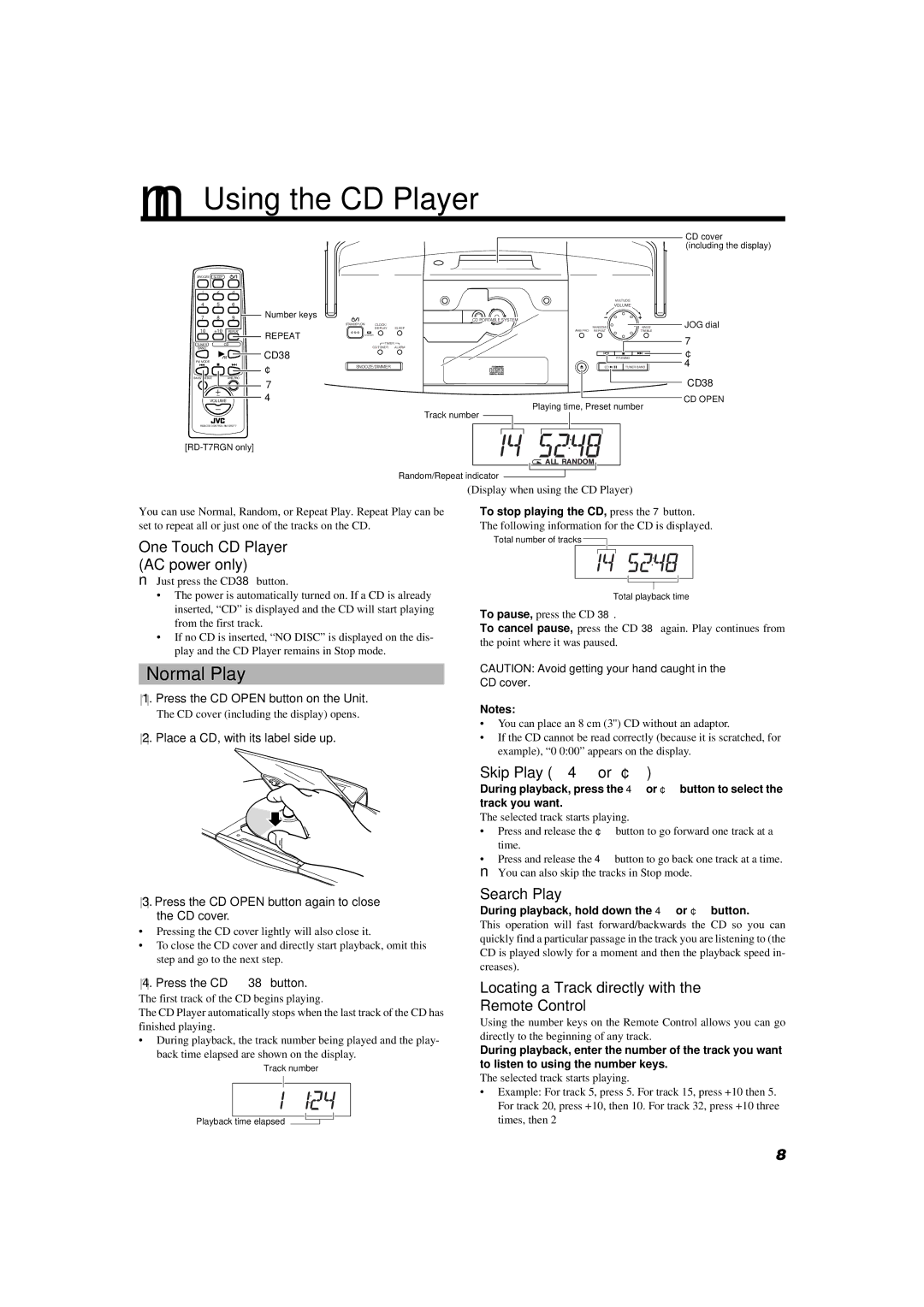 JVC RD-T5RBU, RD-T7RGN manual Using the CD Player, Normal Play 