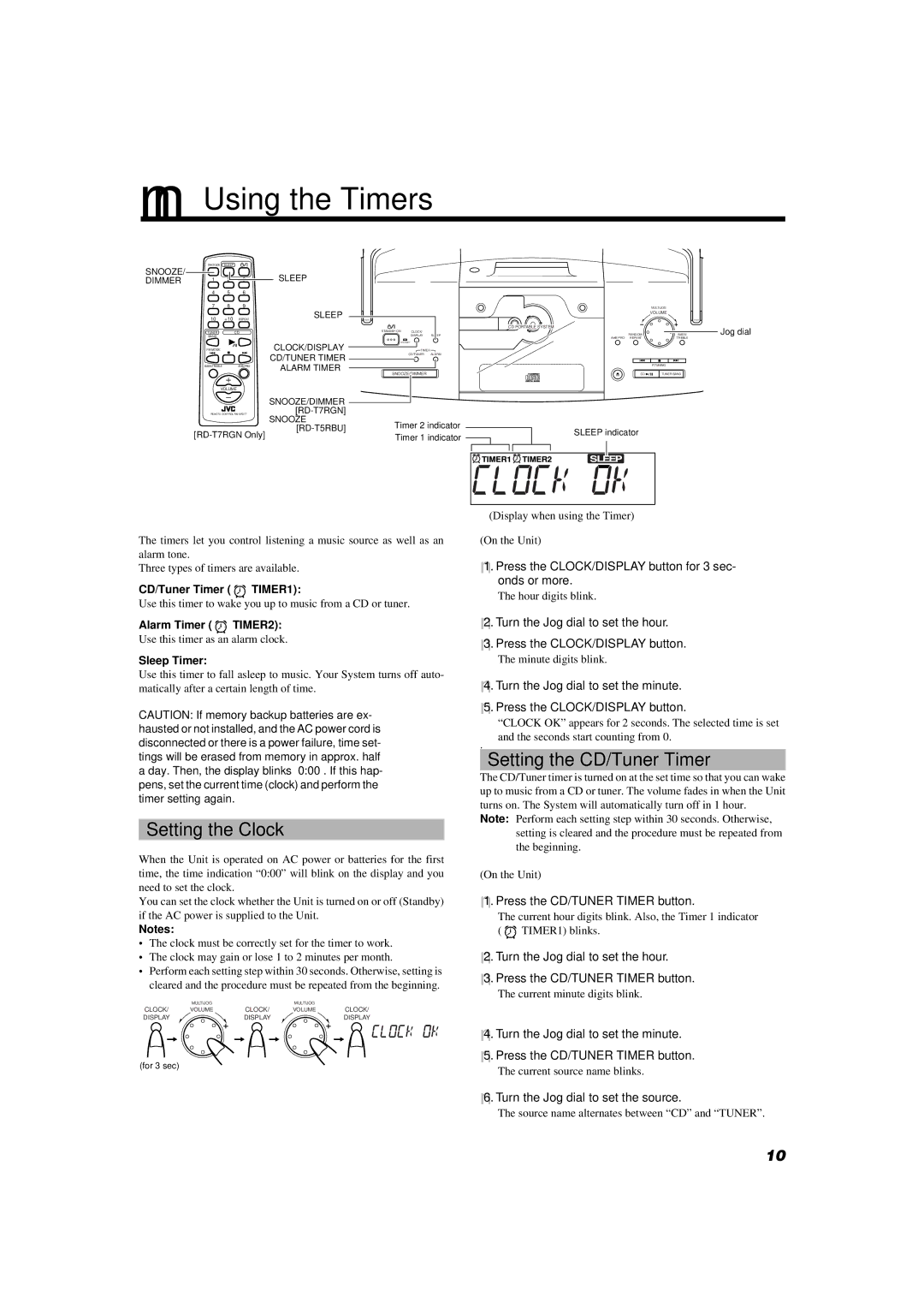 JVC RD-T5RBU, RD-T7RGN manual Using the Timers, Setting the Clock, Setting the CD/Tuner Timer 