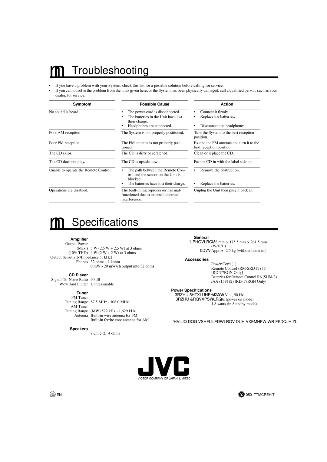 JVC RD-T7RGN, RD-T5RBU manual Troubleshooting, Specifications 