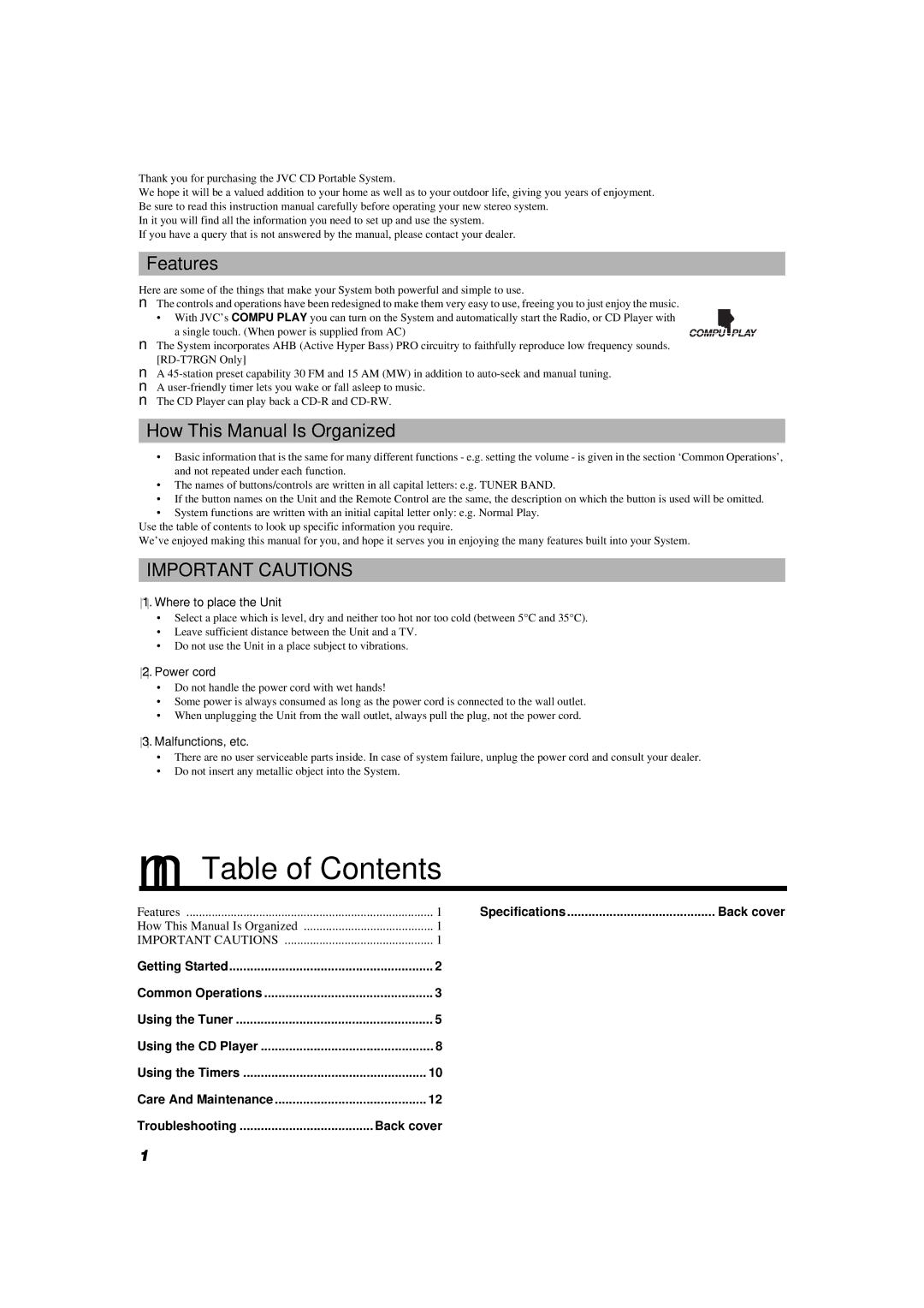 JVC RD-T7RGN, RD-T5RBU manual Table of Contents 