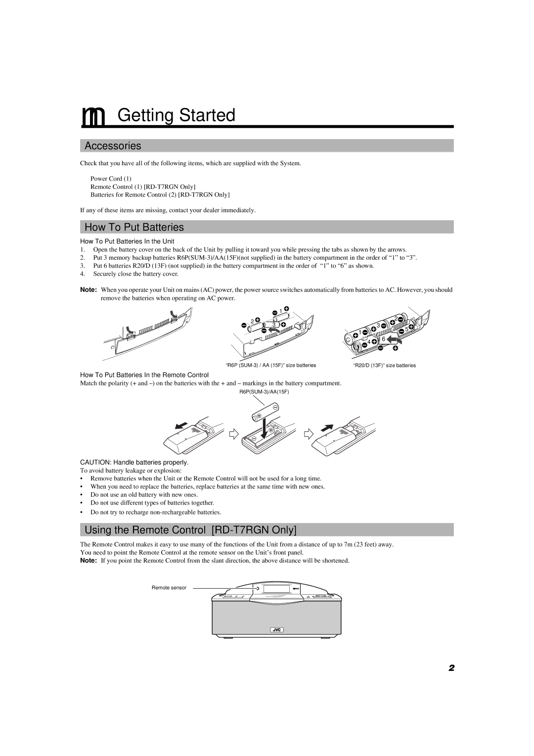 JVC RD-T5RBU manual Getting Started, Accessories, How To Put Batteries, Using the Remote Control RD-T7RGN Only 