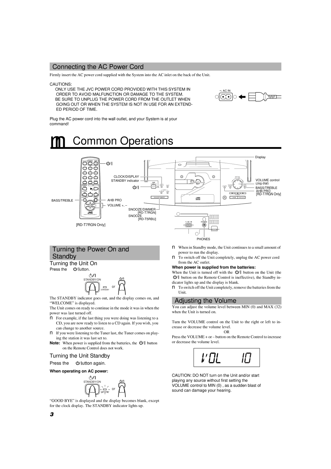 JVC RD-T7RGN manual Common Operations, Connecting the AC Power Cord, Turning the Power On and Standby, Adjusting the Volume 