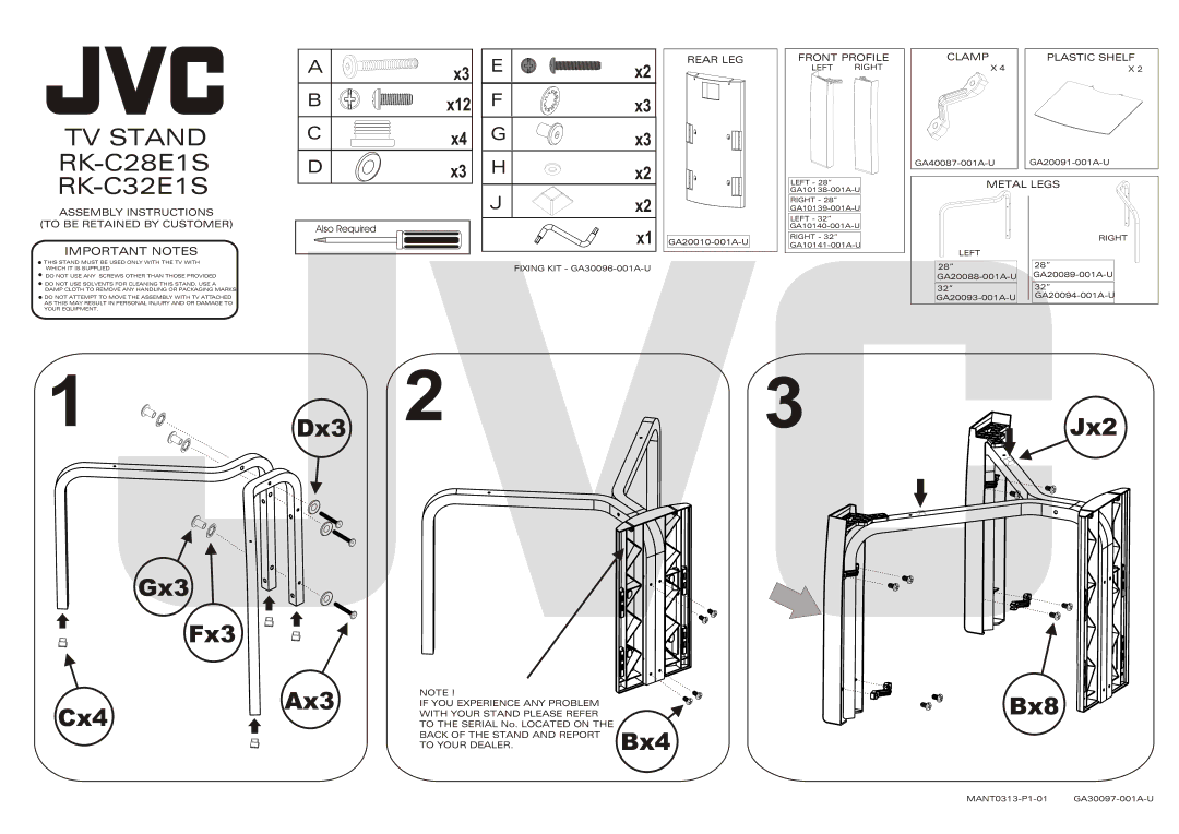 JVC manual TV Stand RK-C28E1S RK-C32E1S, X12, Important Notes 