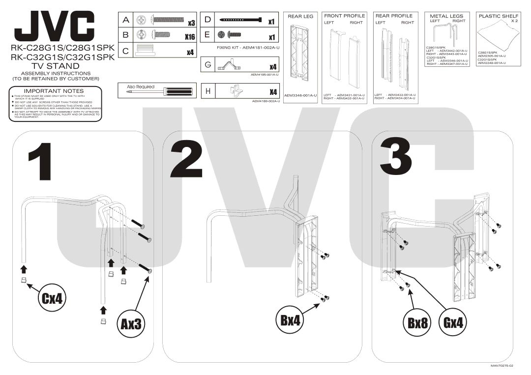 JVC manual Cx4 Ax3 Bx4 Bx8 Gx4, RK-C28G1S/C28G1SPK RK-C32G1S/C32G1SPK TV Stand, X16, Important Notes 