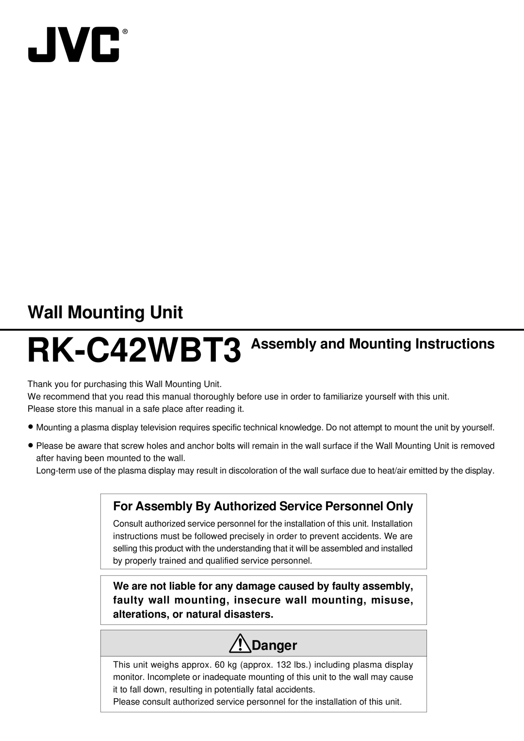 JVC RK-C42WBT3 installation instructions Wall Mounting Unit 