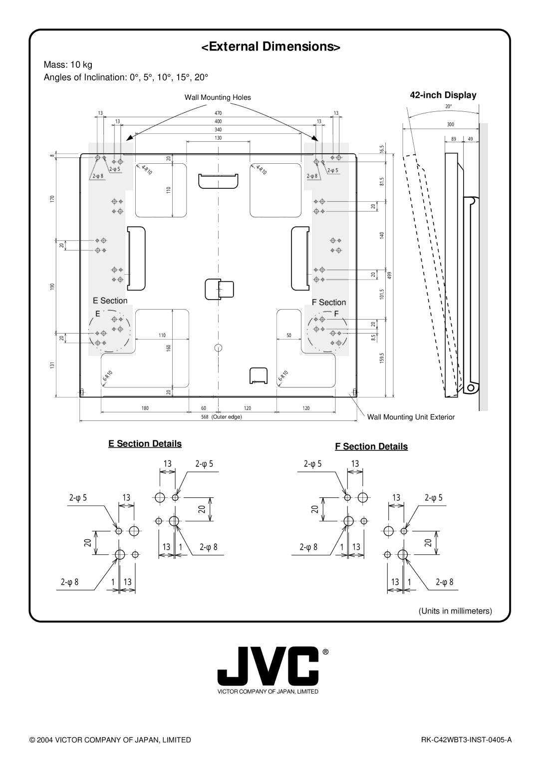 JVC RK-C42WBT3 installation instructions External Dimensions, Inch Display 