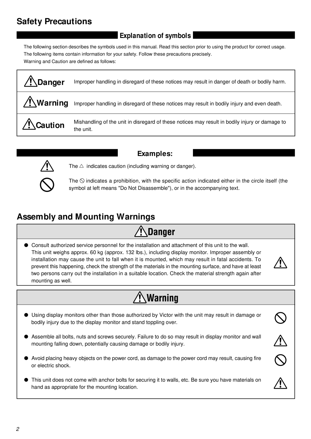 JVC RK-C42WBT3 installation instructions Safety Precautions Explanation of symbols, Assembly and Mounting Warnings 