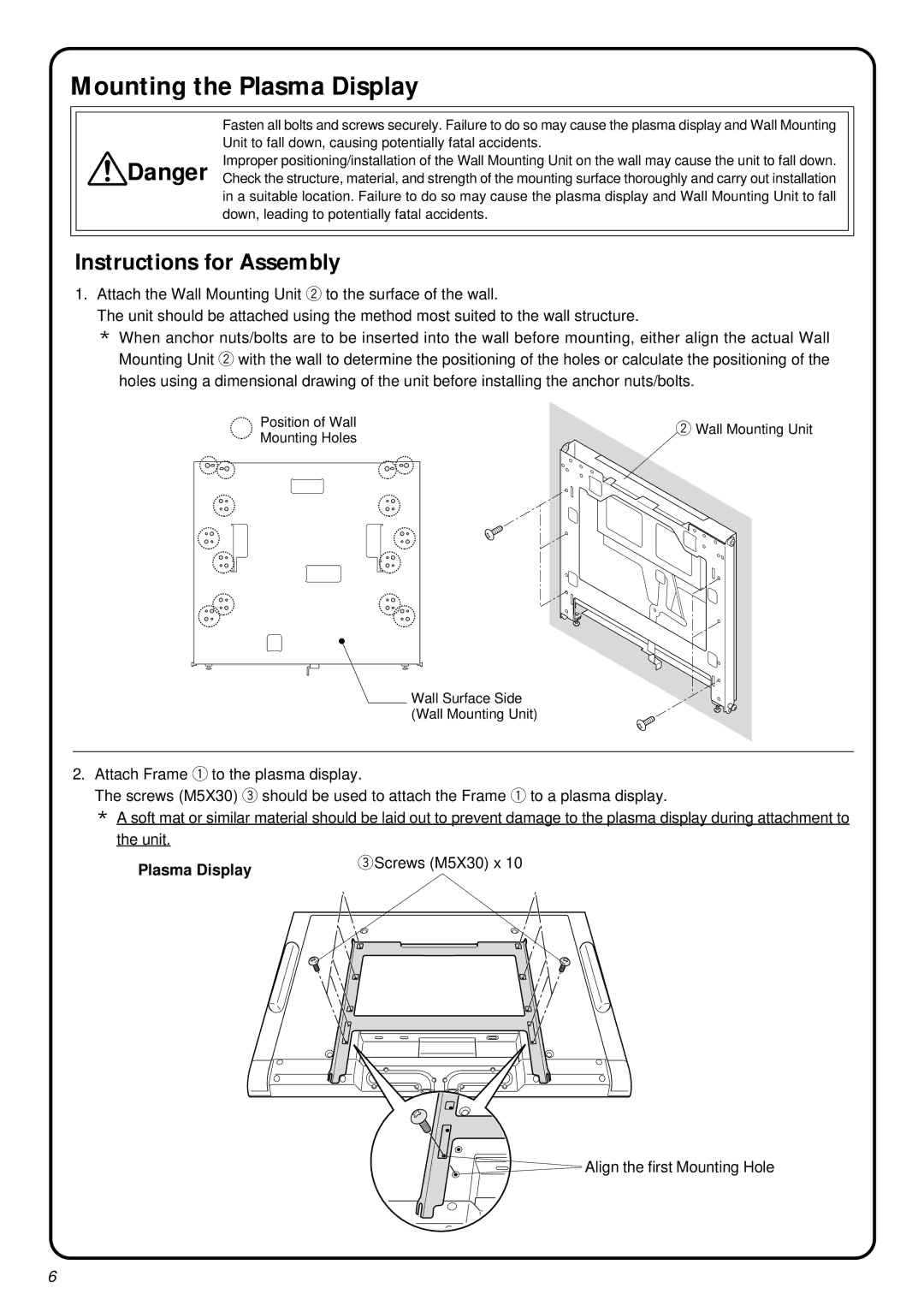 JVC RK-C42WBT3 installation instructions Mounting the Plasma Display, Instructions for Assembly 