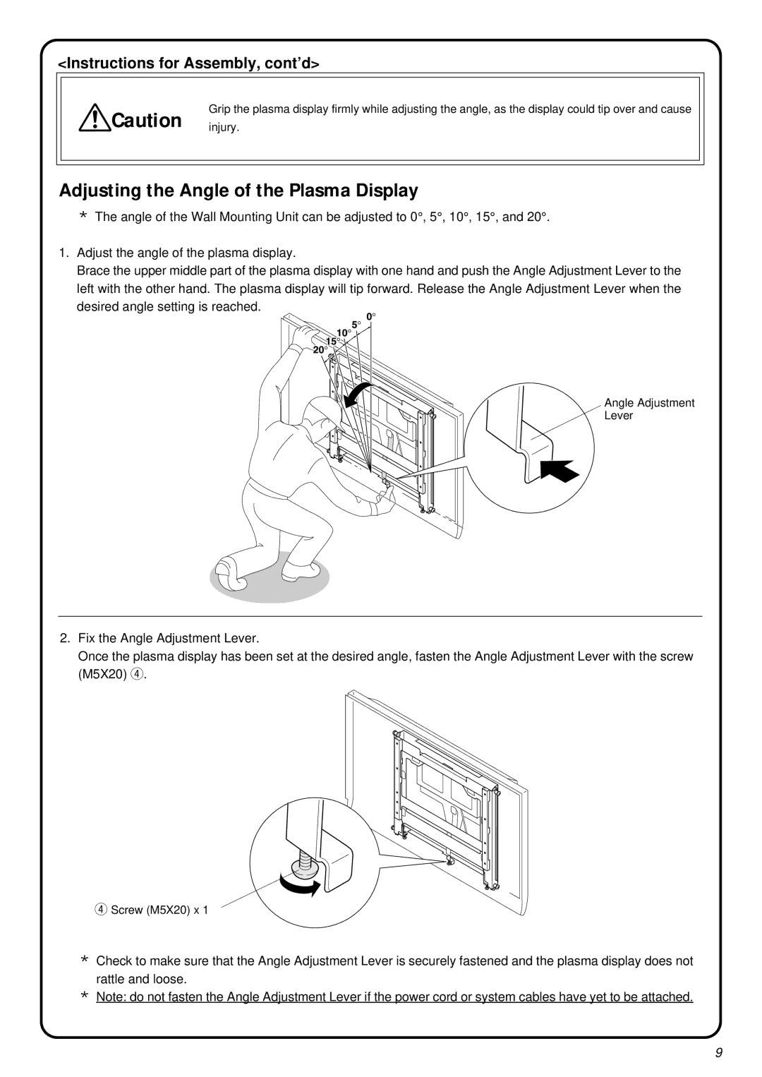 JVC RK-C42WBT3 installation instructions Adjusting the Angle of the Plasma Display 