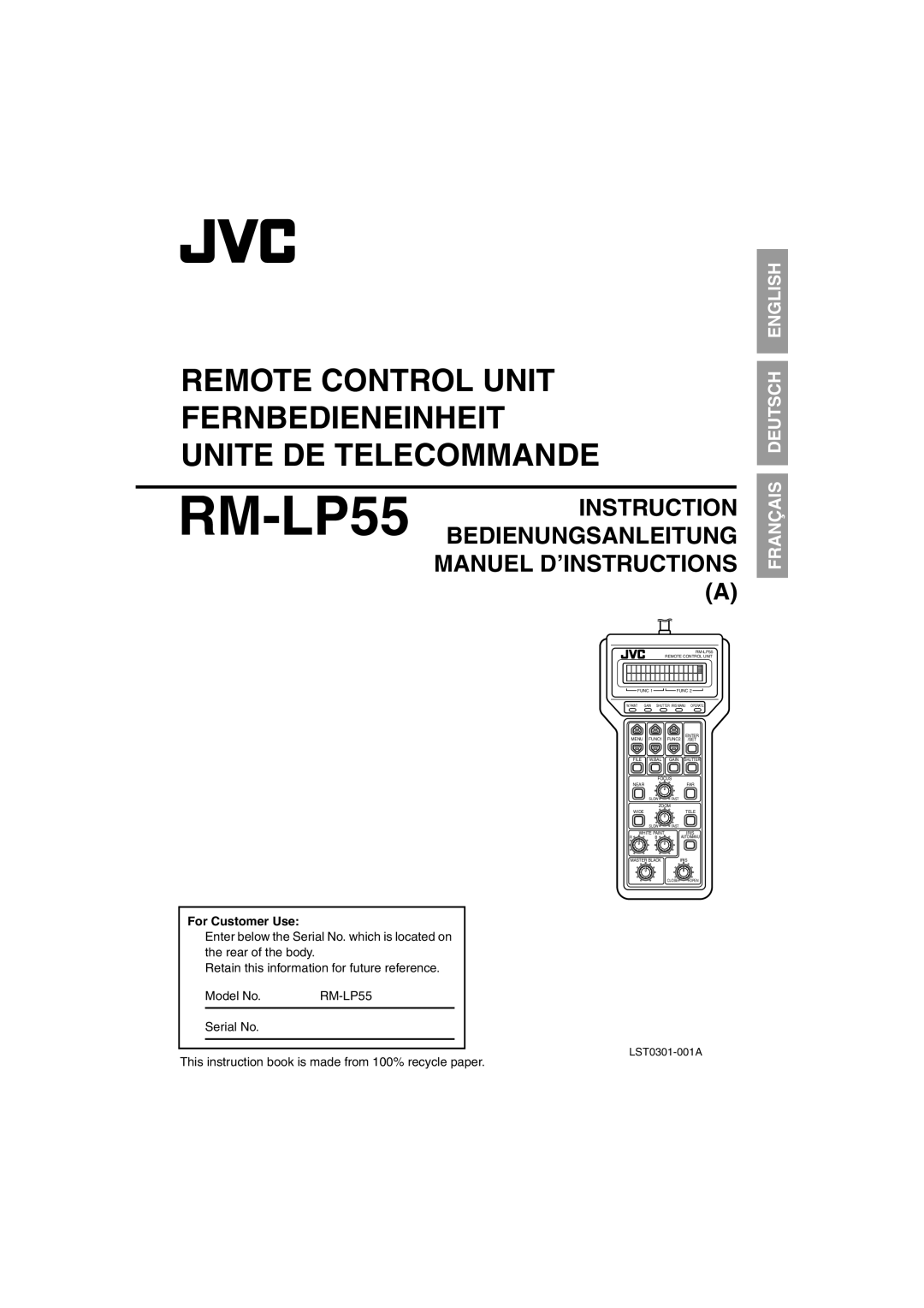 JVC RK-LP55U manual For Customer Use, This instruction book is made from 100% recycle paper 