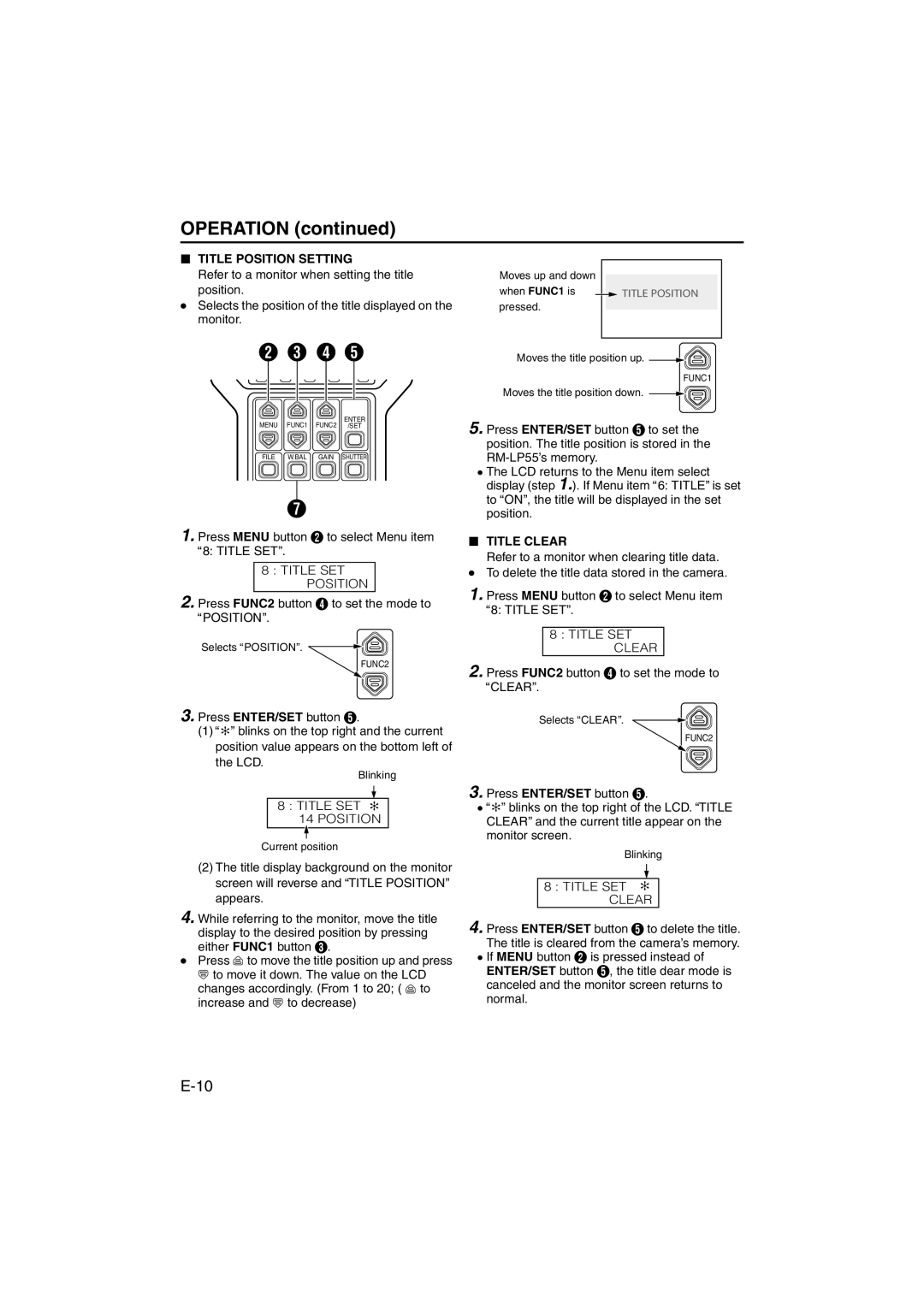 JVC RK-LP55U manual Title Position Setting, Title SET Position, Title Clear, Title SET Clear 