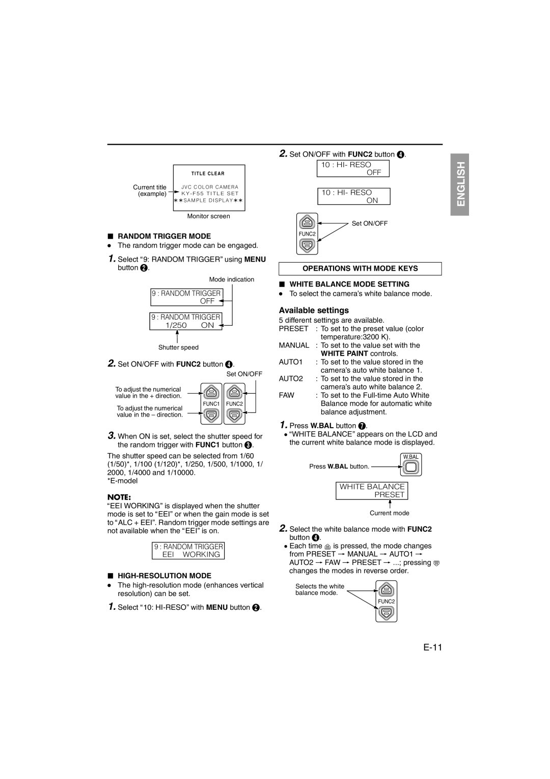 JVC RK-LP55U manual Available settings, Random Trigger Mode, HIGH-RESOLUTION Mode, Operations with Mode Keys 