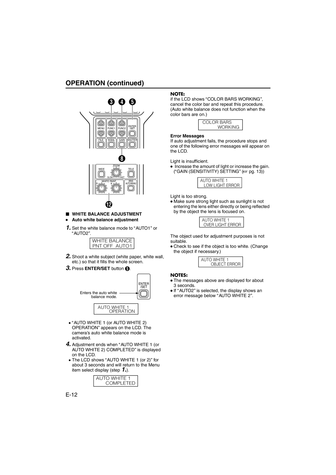 JVC RK-LP55U manual White Balance Adjustment Auto white balance adjustment, Error Messages 