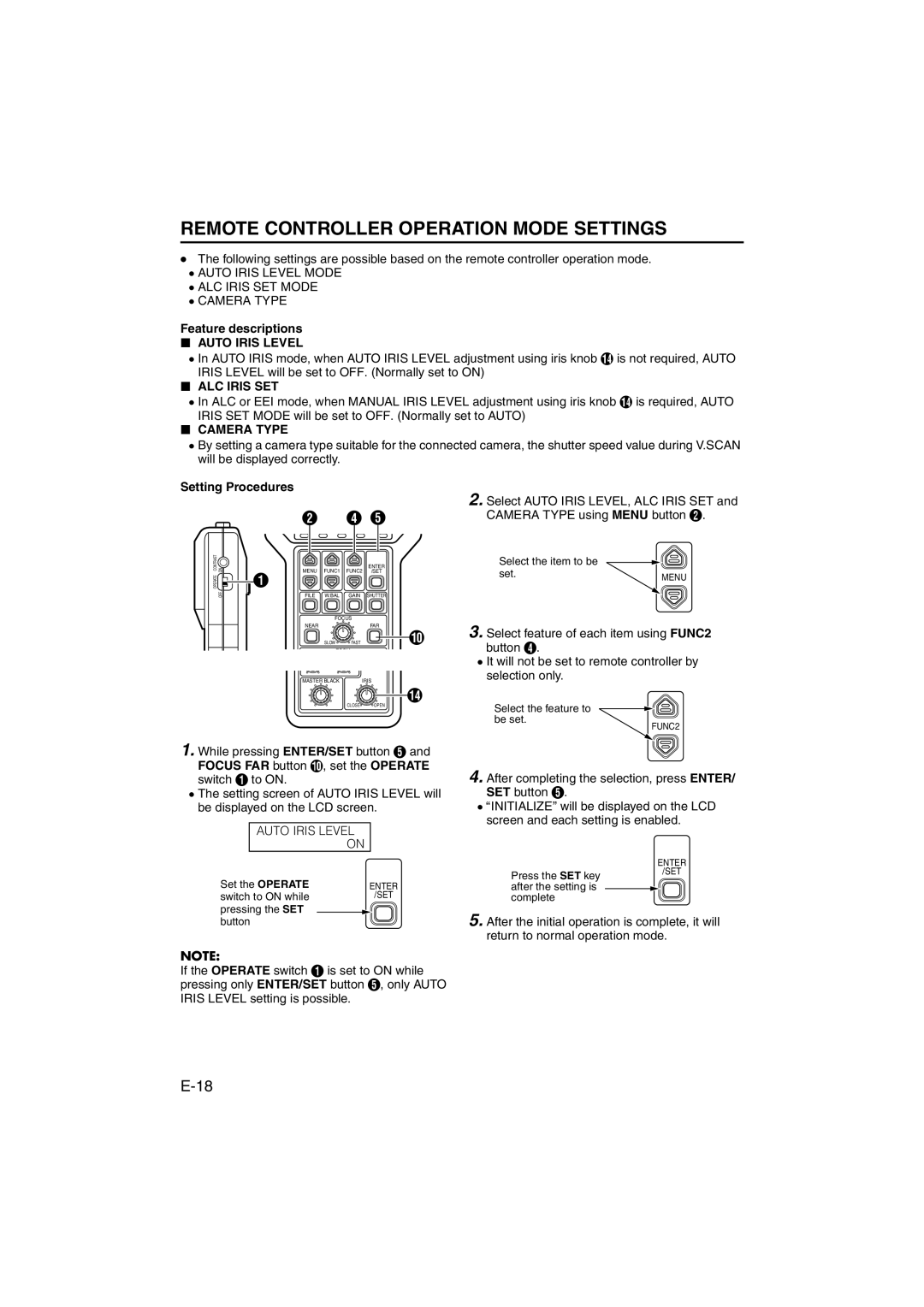 JVC RK-LP55U Remote Controller Operation Mode Settings, Feature descriptions Auto Iris Level, ALC Iris SET, Camera Type 