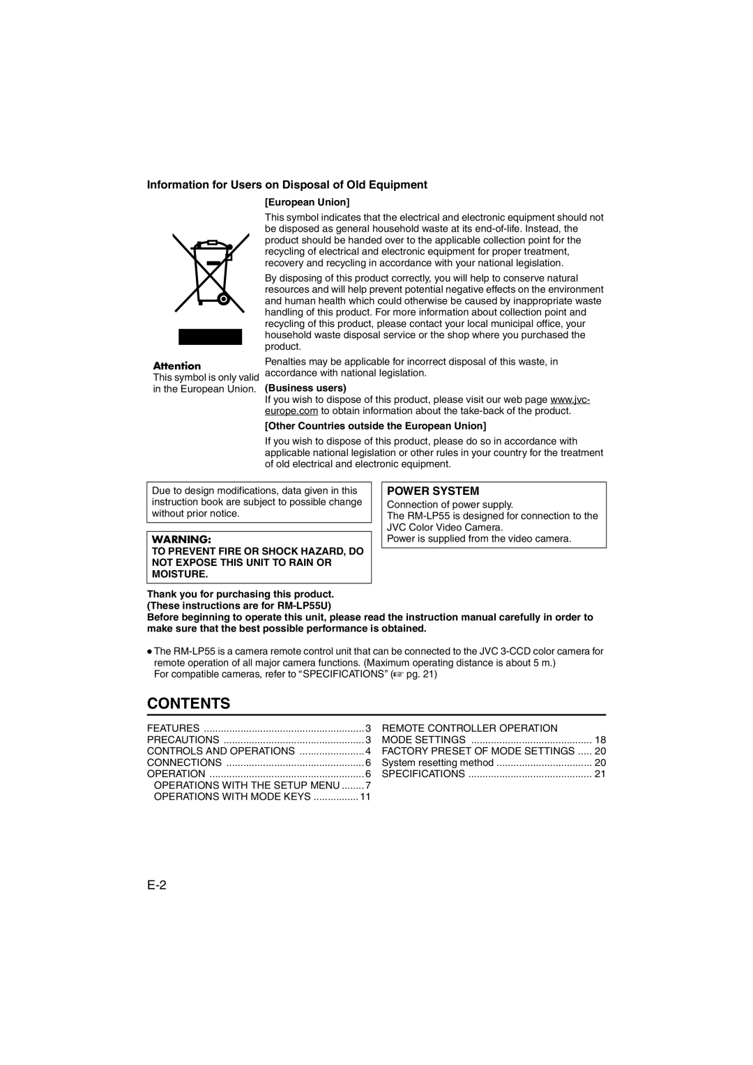 JVC RK-LP55U manual Contents 