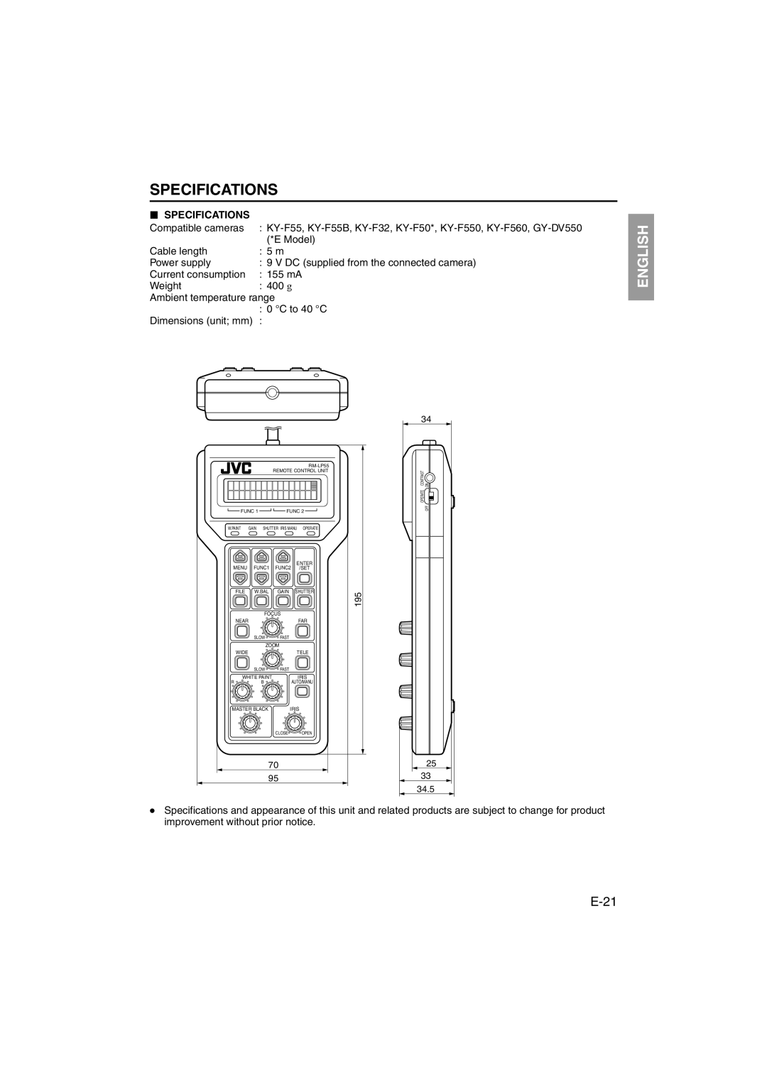 JVC RK-LP55U manual Specifications, Compatible cameras 