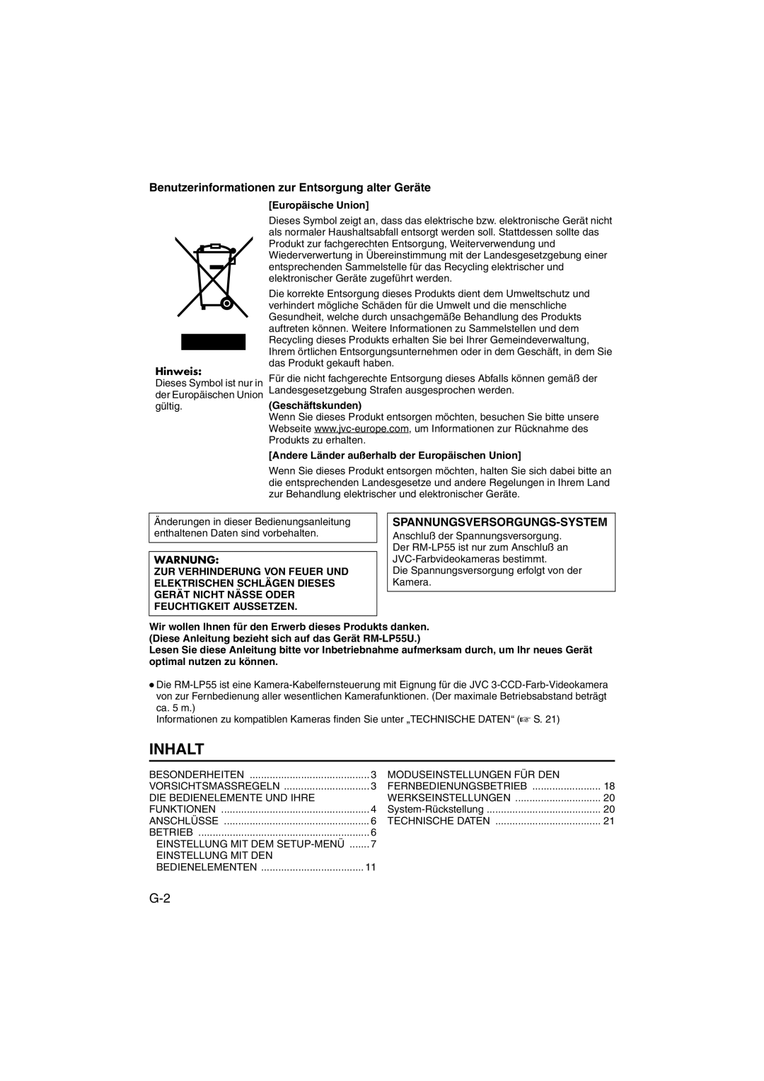 JVC RK-LP55U manual Inhalt, Benutzerinformationen zur Entsorgung alter Geräte, Europäische Union, Technische Daten 