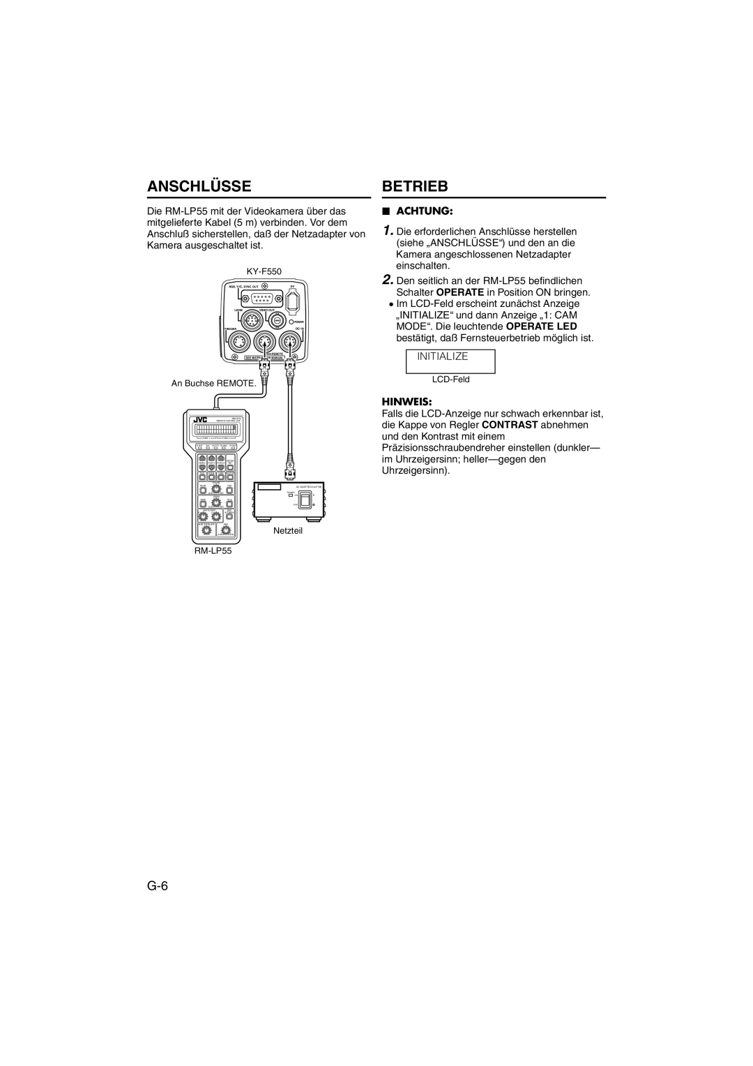 JVC RK-LP55U manual Anschlüsse, Betrieb 