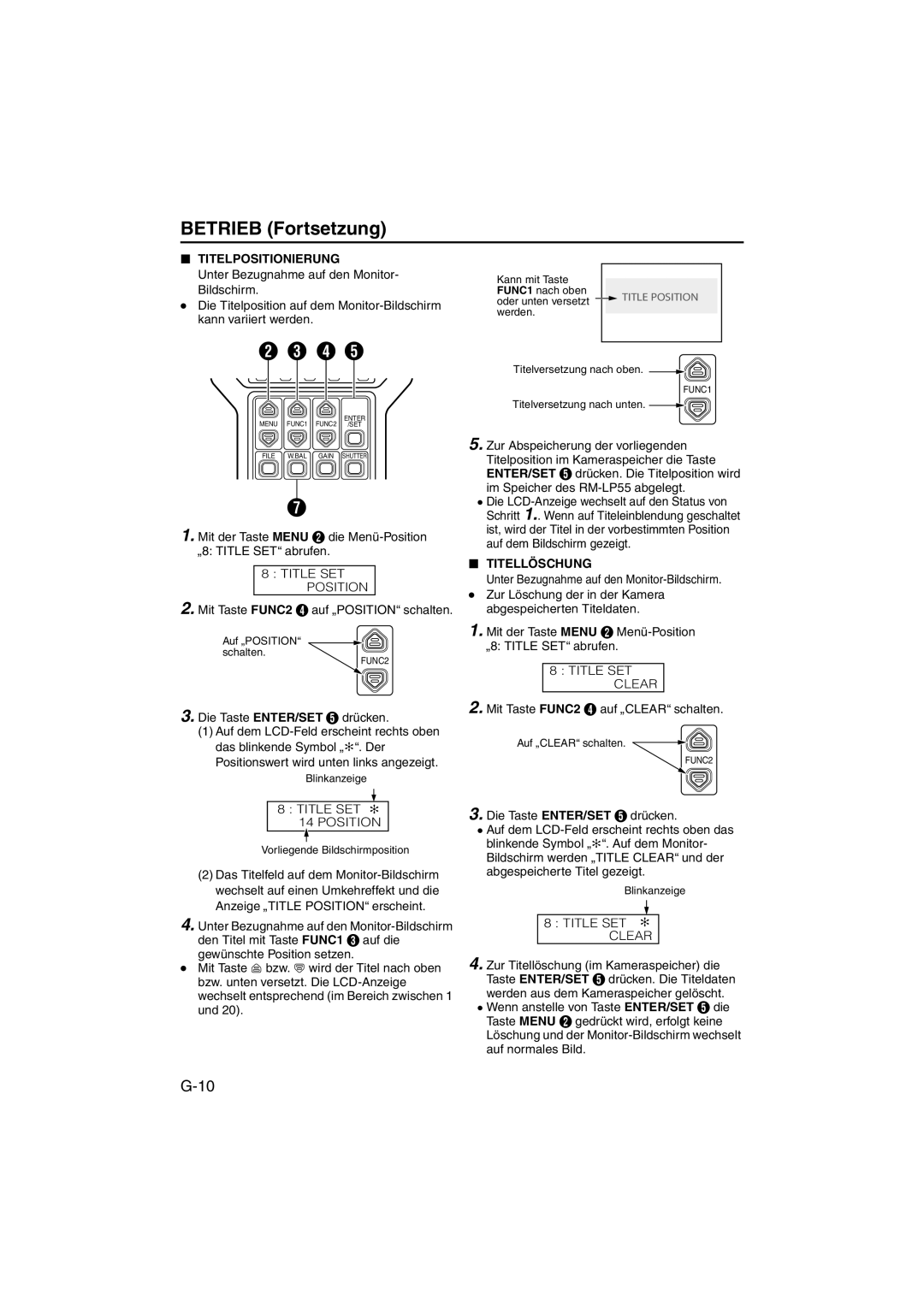 JVC RK-LP55U manual Titelpositionierung, Mit Taste FUNC2 D auf Cpositiond schalten, Titellöschung 