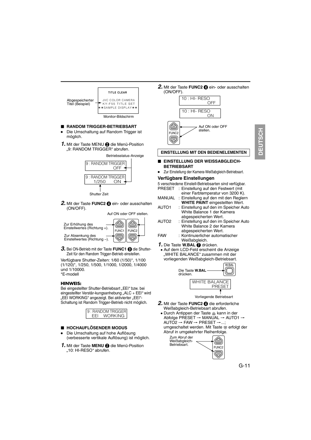 JVC RK-LP55U manual Verfügbare Einstellungen, Random TRIGGER-BETRIEBSART, Hochauflösender Modus 