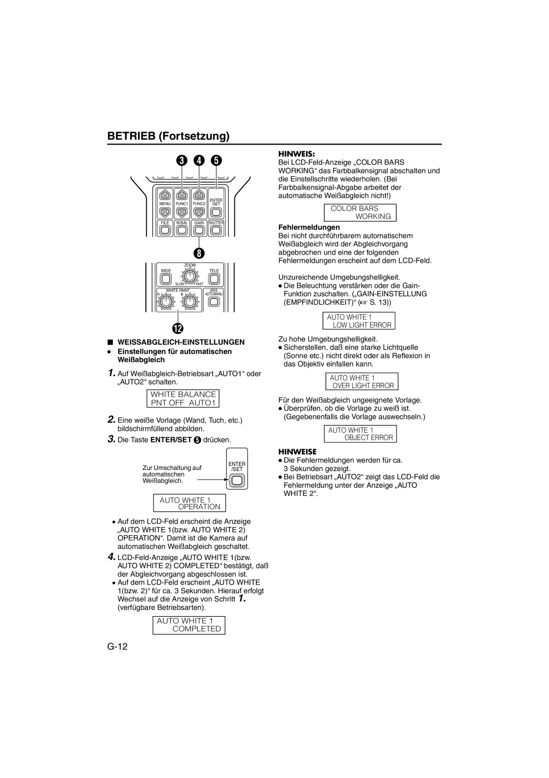 JVC RK-LP55U manual Auf Weißabgleich-Betriebsart CAUTO1D oder CAUTO2D schalten, Fehlermeldungen 