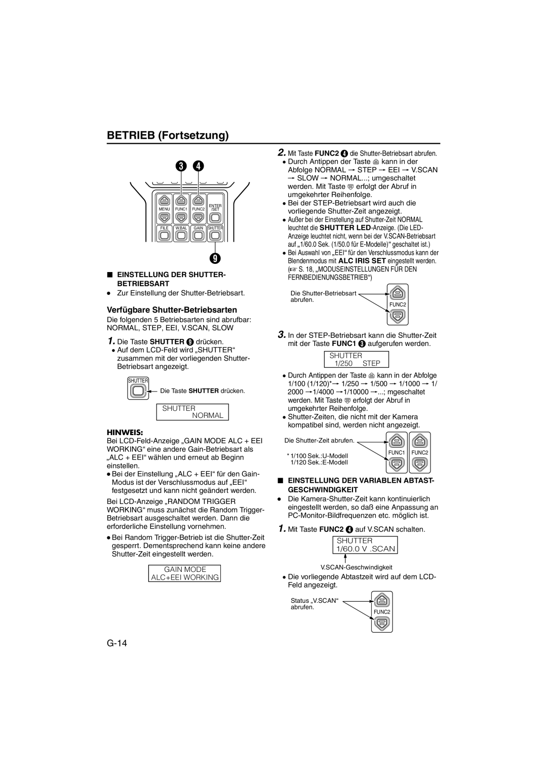 JVC RK-LP55U Verfügbare Shutter-Betriebsarten, Einstellung DER SHUTTER- Betriebsart, Einstellung DER Variablen Abtast 