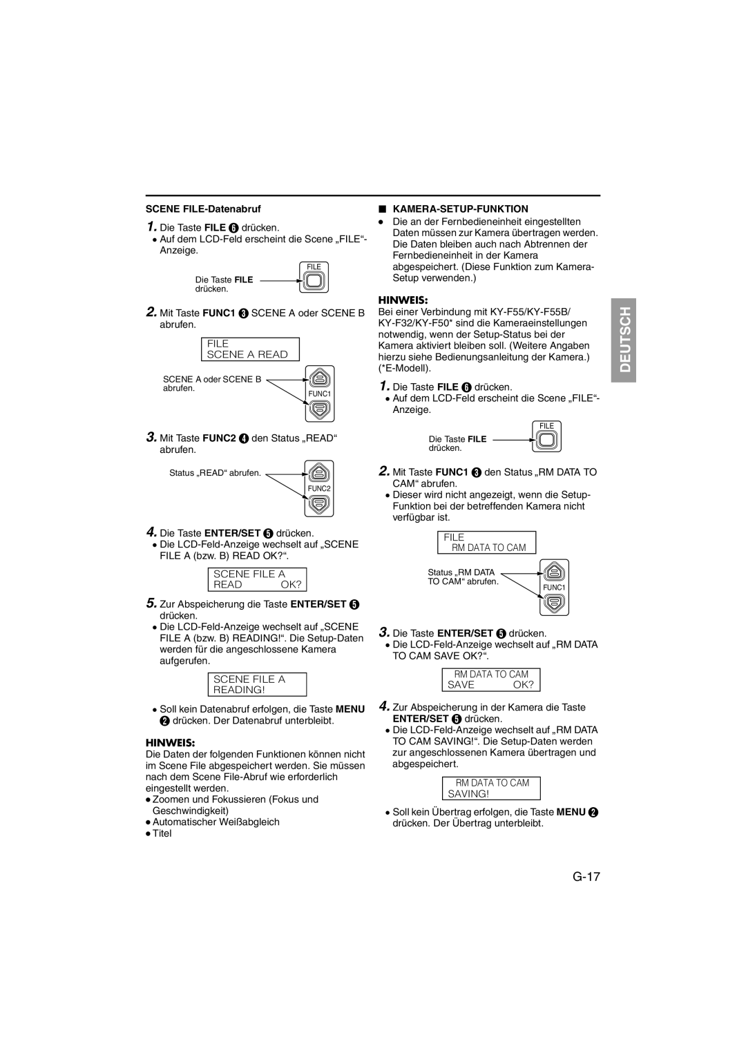 JVC RK-LP55U manual Scene FILE-Datenabruf, Mit Taste FUNC2 D den Status Creadd abrufen, Kamera-Setup-Funktion 