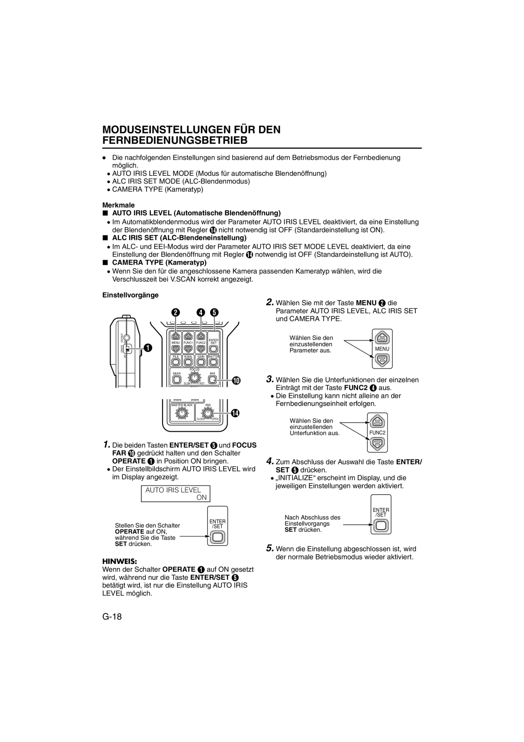 JVC RK-LP55U manual Moduseinstellungen FÜR DEN Fernbedienungsbetrieb, Merkmale Auto Iris Level Automatische Blendenöffnung 