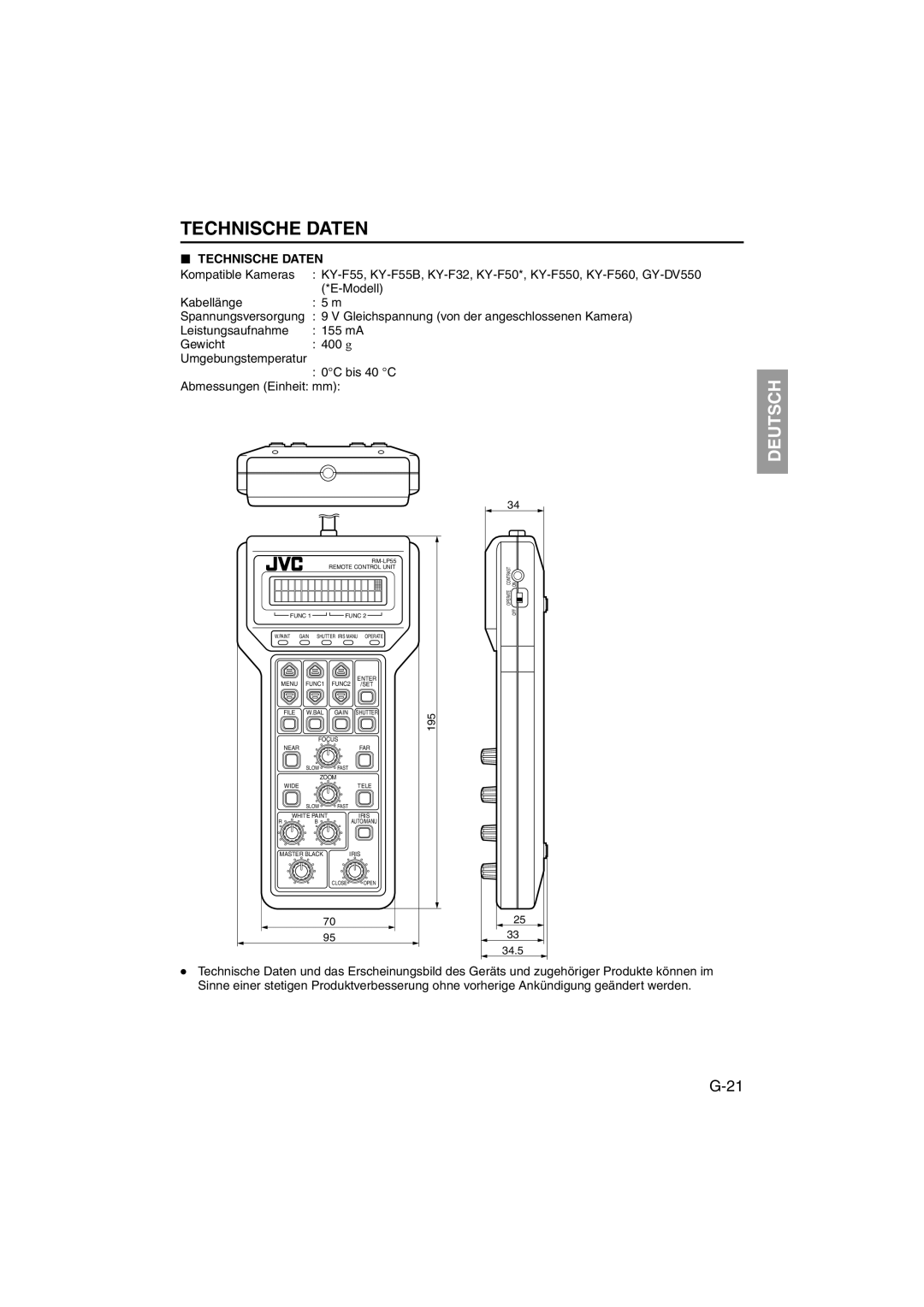 JVC RK-LP55U manual Technische Daten, Kompatible Kameras 