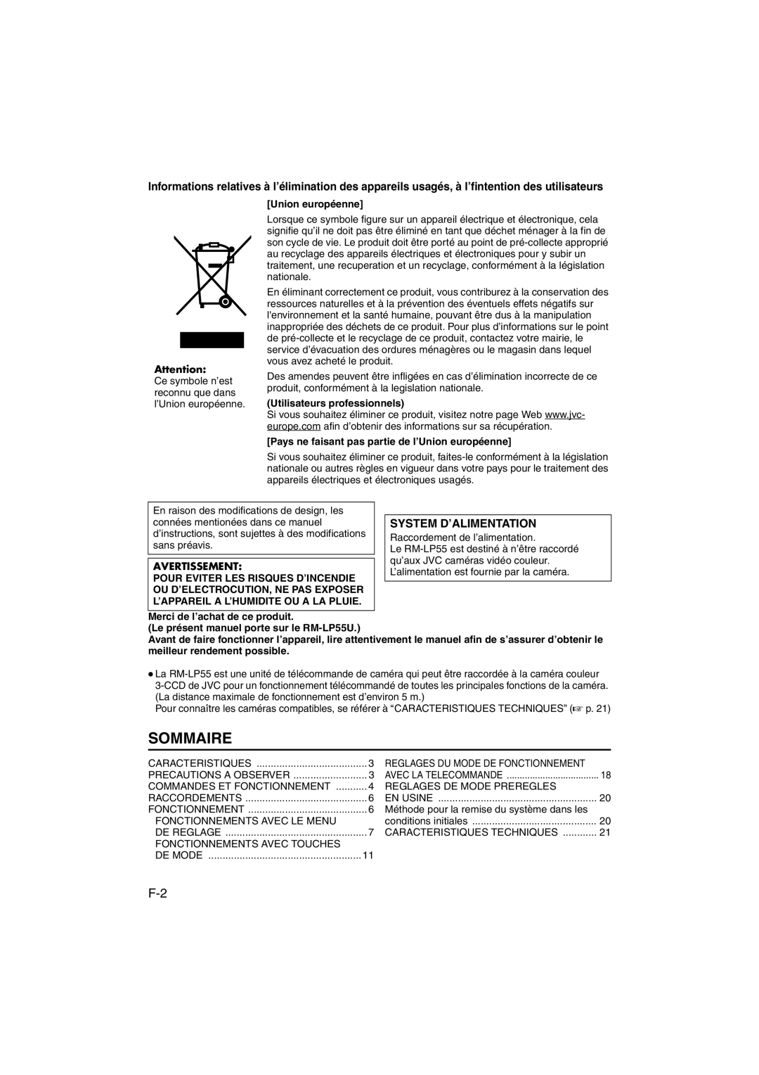 JVC RK-LP55U manual Sommaire, Ce symbole n’est reconnu que dans l’Union européenne, Reglages DE Mode Preregles EN Usine 