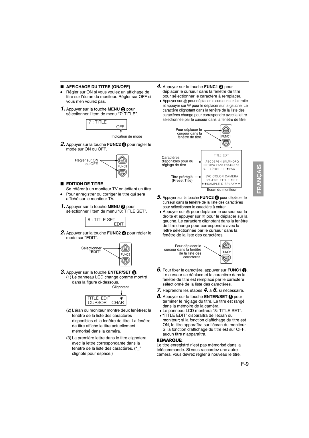JVC RK-LP55U manual Affichage DU Titre ON/OFF, Edition DE Titre 