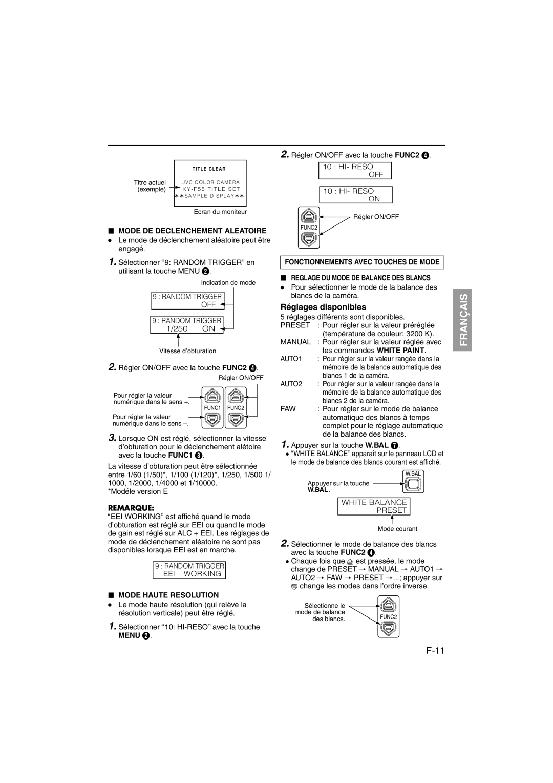 JVC RK-LP55U manual Réglages disponibles, Mode DE Declenchement Aleatoire, Mode Haute Resolution 