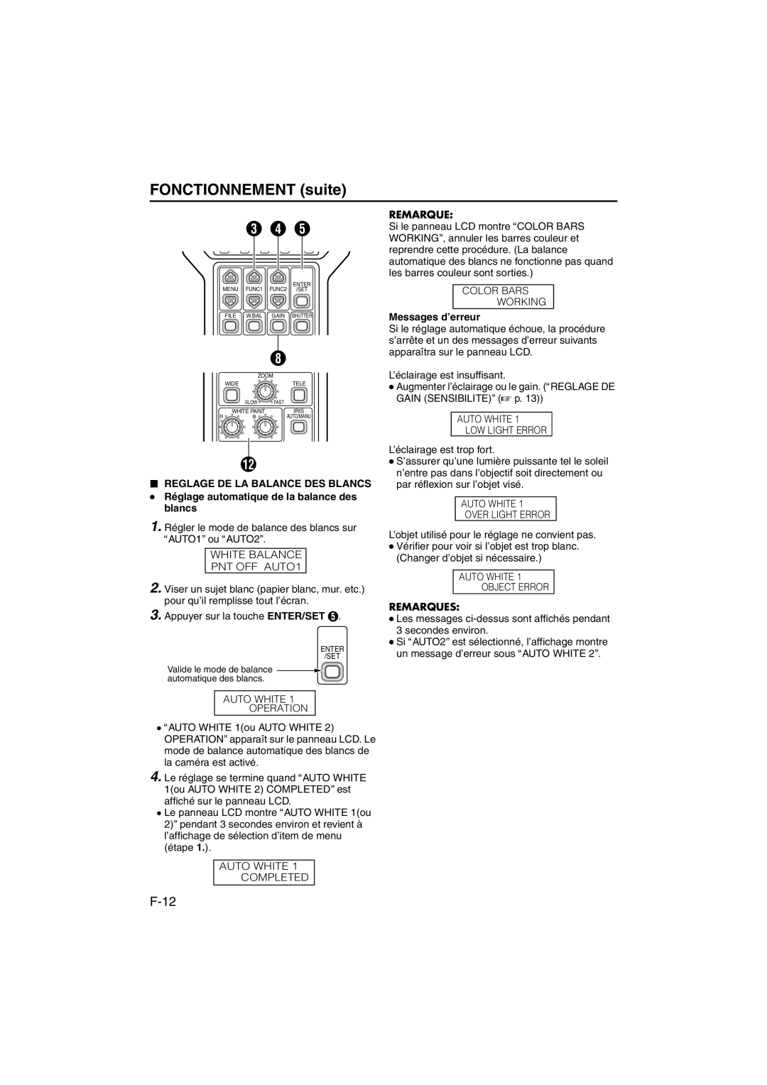 JVC RK-LP55U manual Régler le mode de balance des blancs sur AAUTO1B ou AAUTO2B, Messages d’erreur 