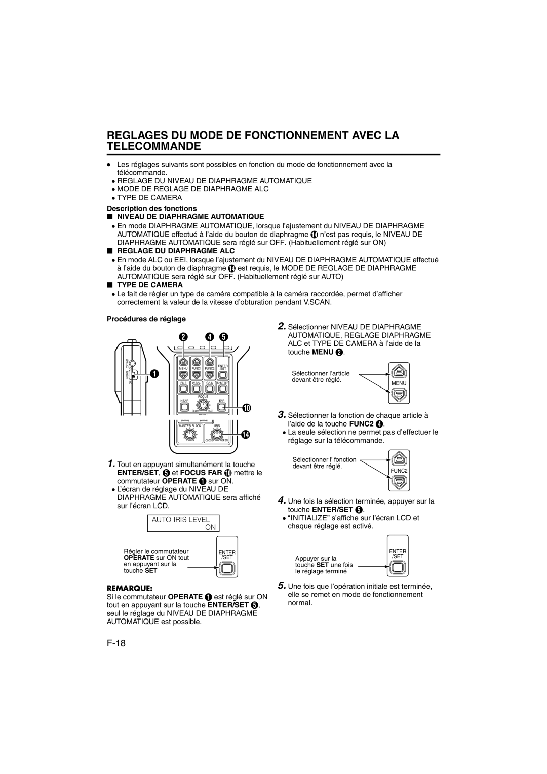 JVC RK-LP55U manual Reglages DU Mode DE Fonctionnement Avec LA Telecommande, Reglage DU Diaphragme ALC, Type DE Camera 