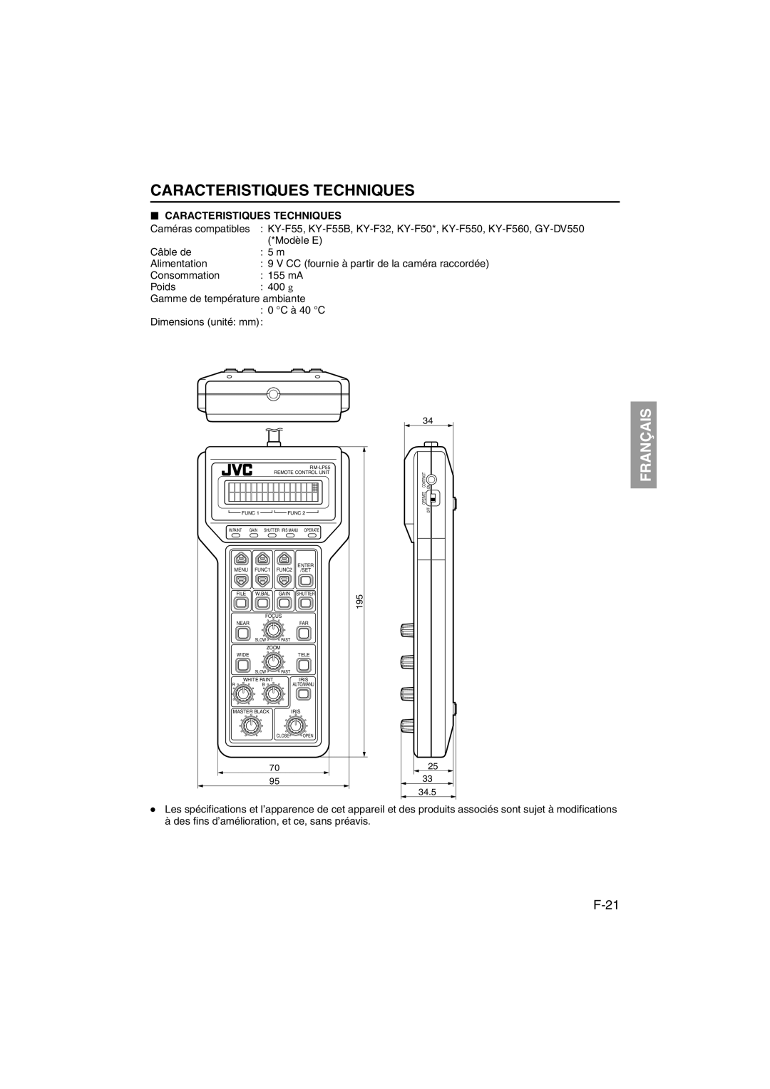 JVC RK-LP55U manual Caracteristiques Techniques, Caméras compatibles 