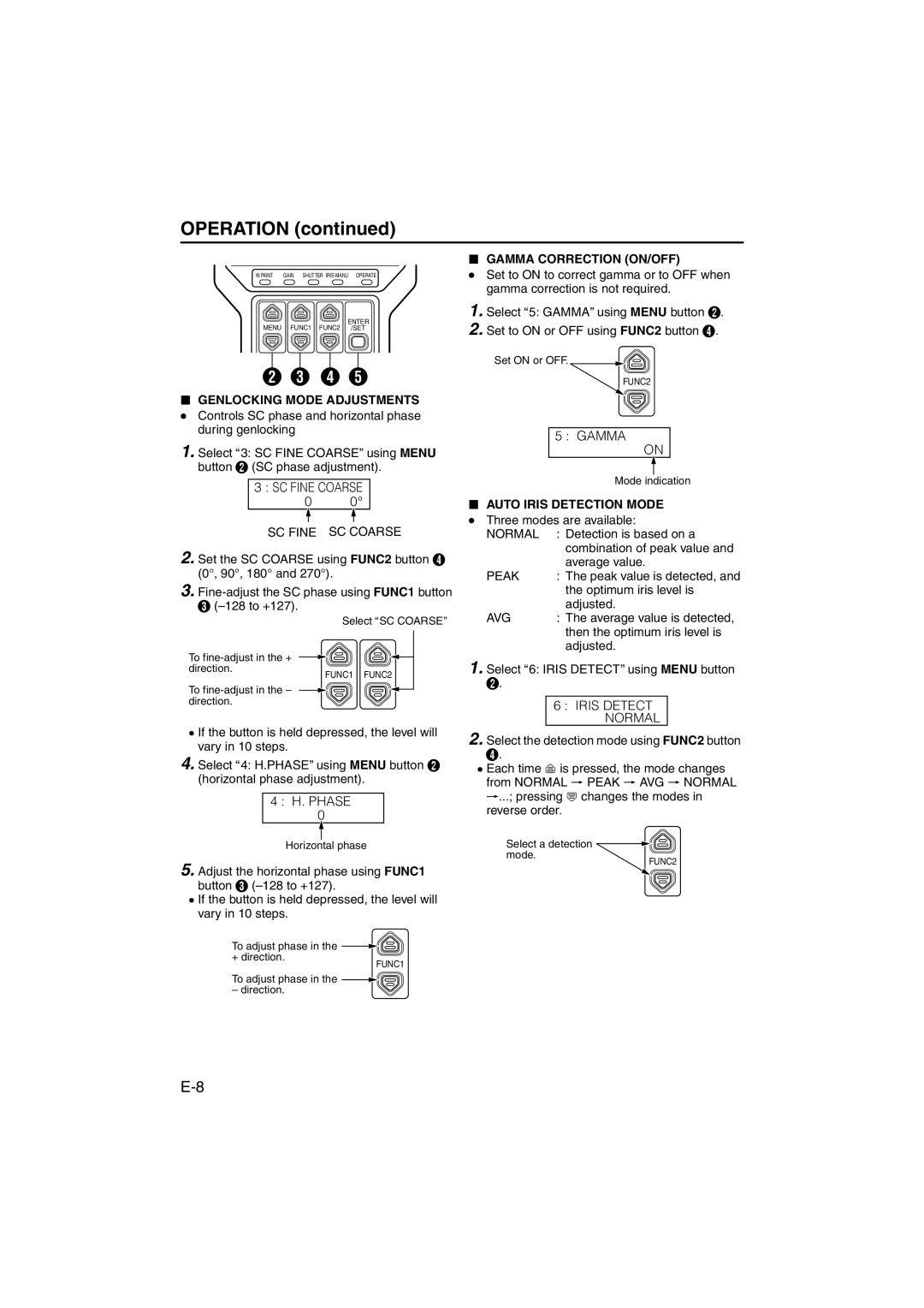 JVC RK-LP55U manual Genlocking Mode Adjustments, Gamma Correction ON/OFF, Auto Iris Detection Mode 