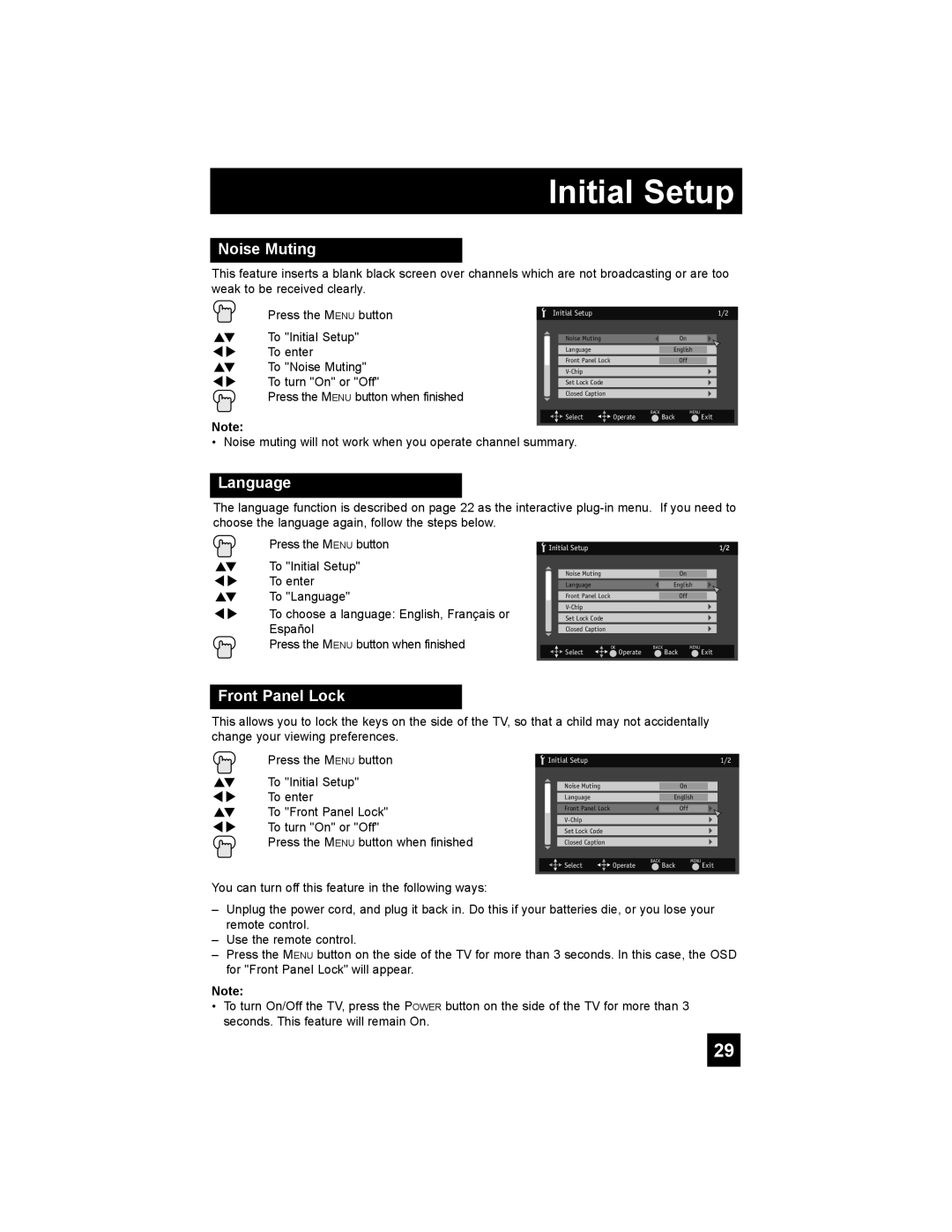 JVC RM-C1450 manual Initial Setup, Noise Muting, Language, Front Panel Lock 