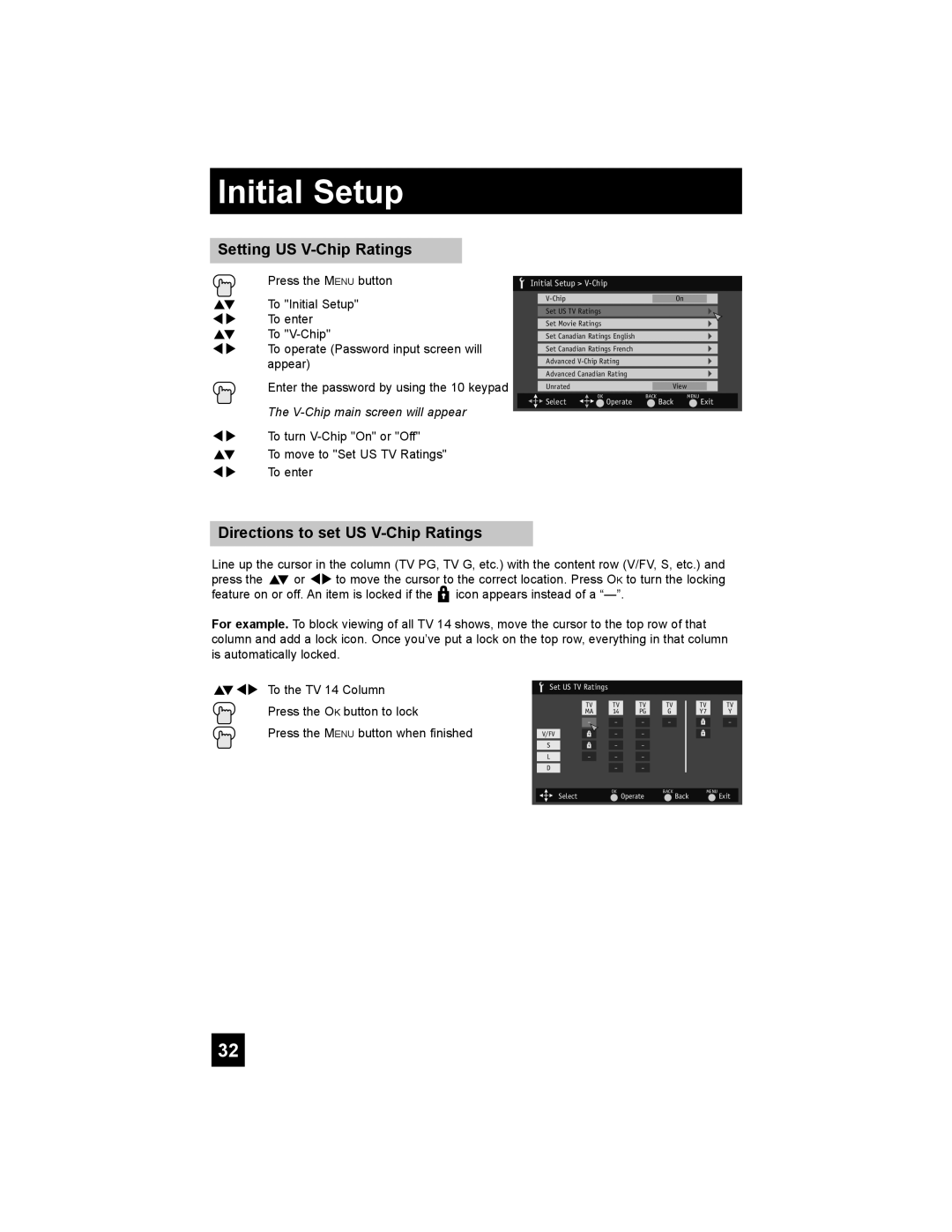 JVC RM-C1450 manual Setting US V-Chip Ratings, Directions to set US V-Chip Ratings, V-Chip main screen will appear 