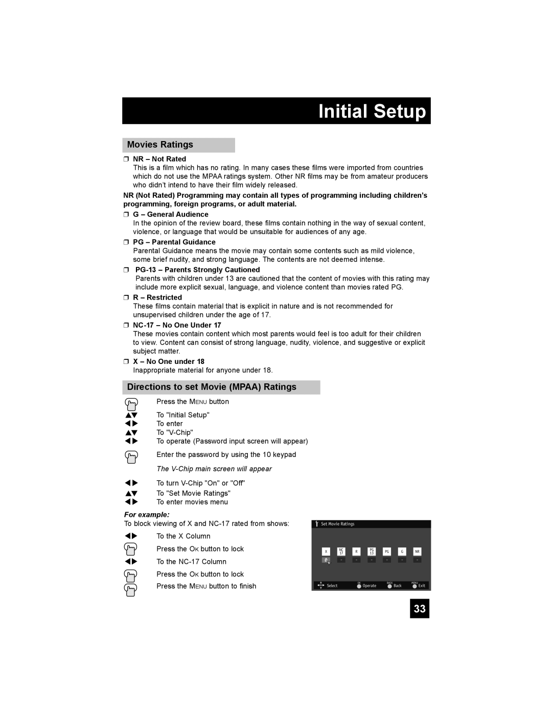 JVC RM-C1450 manual Movies Ratings, Directions to set Movie Mpaa Ratings 